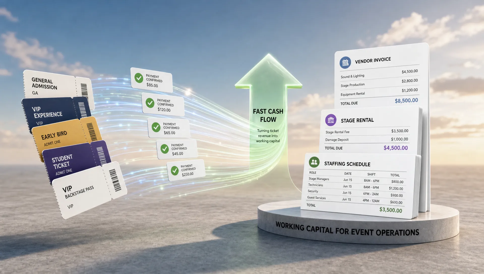Landscape wide conceptual scene of ticket revenue turning into working capital: a flow of ticket cards and payment confirmations moving across open space into a stack of vendor invoice cards, a stage rental receipt, and a staffing schedule, with a clear upward cash-flow arrow and no people present. Keep the scene focused on fast usable cash for event operations, not a desk or office workflow.