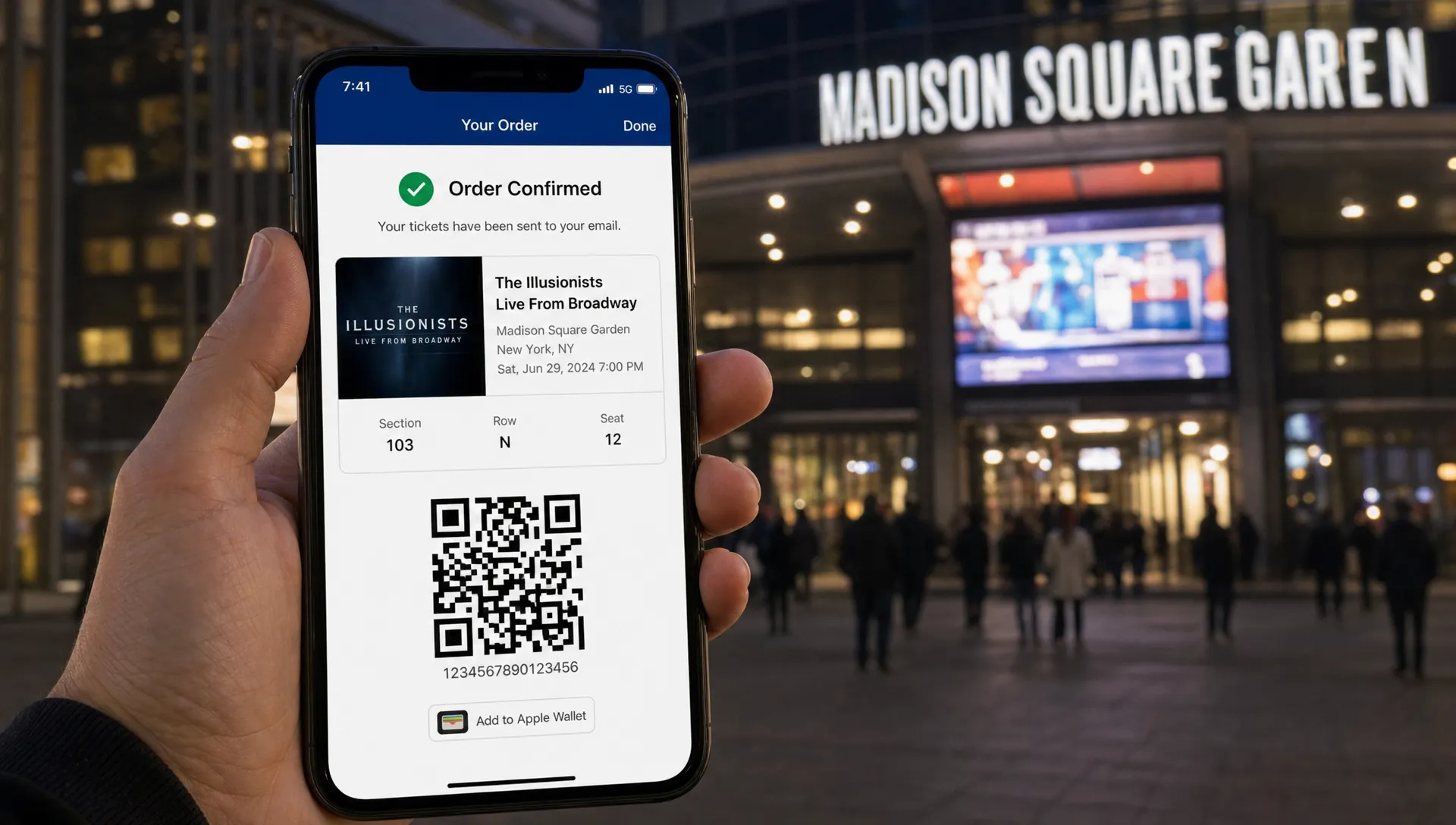A digital event ticket confirmation displayed clearly on a smartphone screen facing the viewer, with the venue entrance softly visible in the background and evening lights behind it.