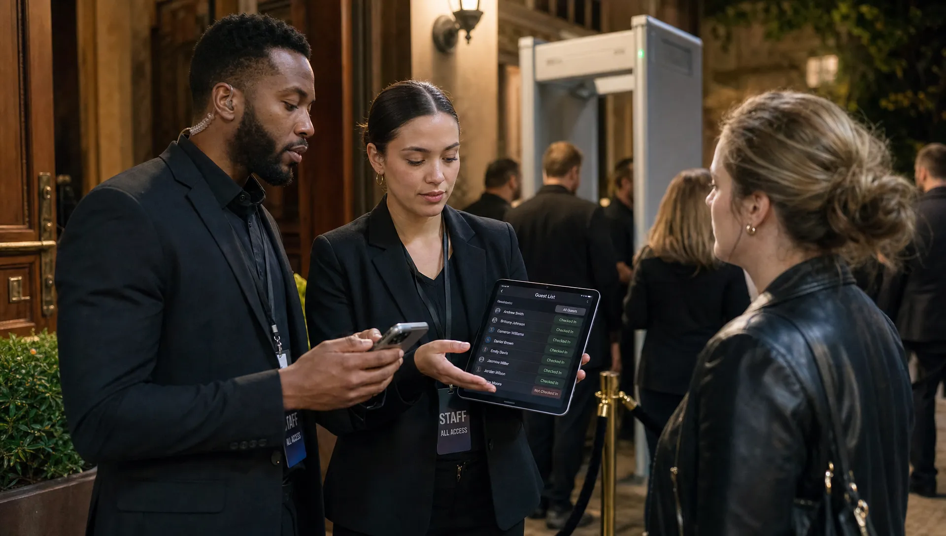 A landscape medium scene at an event door where two staff members compare a ticket on a phone with a live guest list tablet facing the camera while an attendee waits nearby, with the entry lane and security checkpoint behind them, capturing a calm moment of real-time validation and problem-solving.