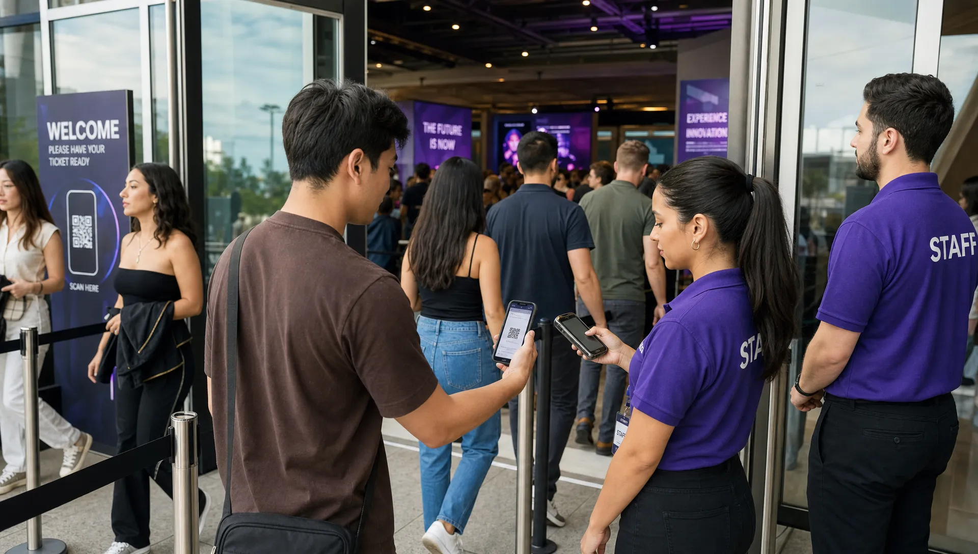 Staff validate smart tickets at the entrance while attendees move through the queue.