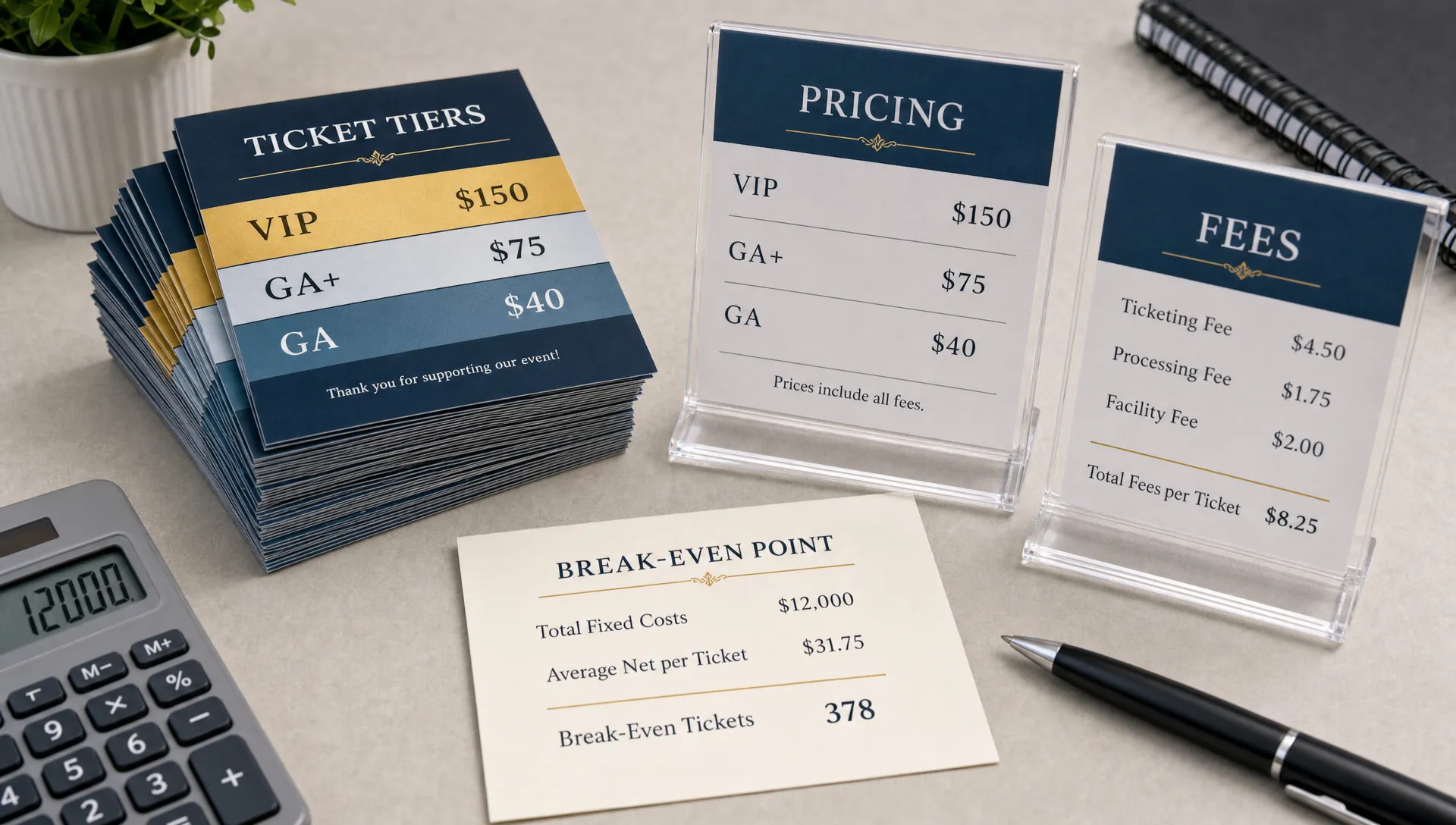 Landscape close-up of a stack of neatly printed ticket tier cards beside a clear pricing floor card, a fee card, and a simple break-even note on a clean tabletop, with a calculator and pen partially visible at the edges and no people in frame.