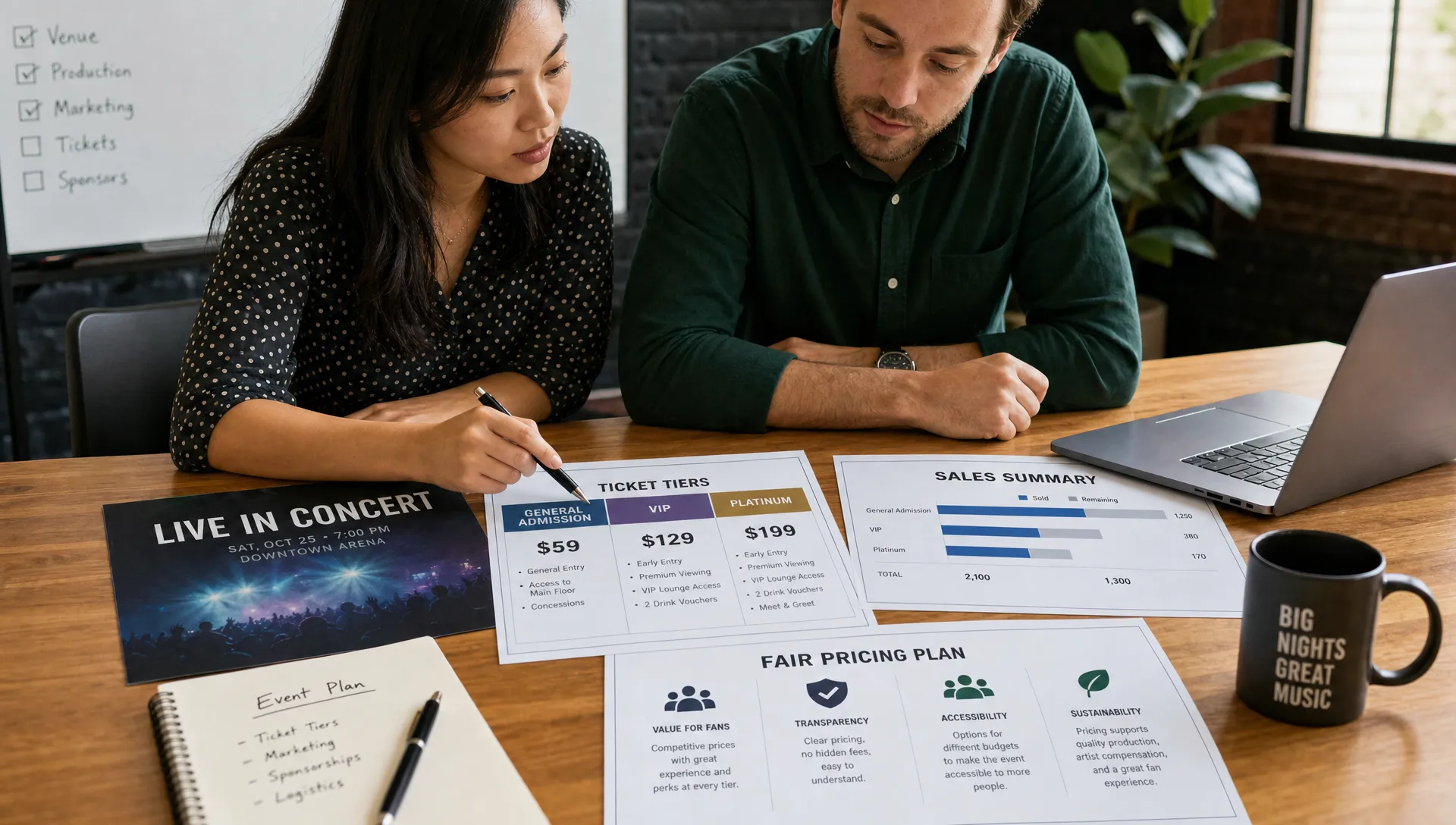 Two event organizers review ticket tiers, sales numbers and a fair pricing plan on a table before an upcoming live event.