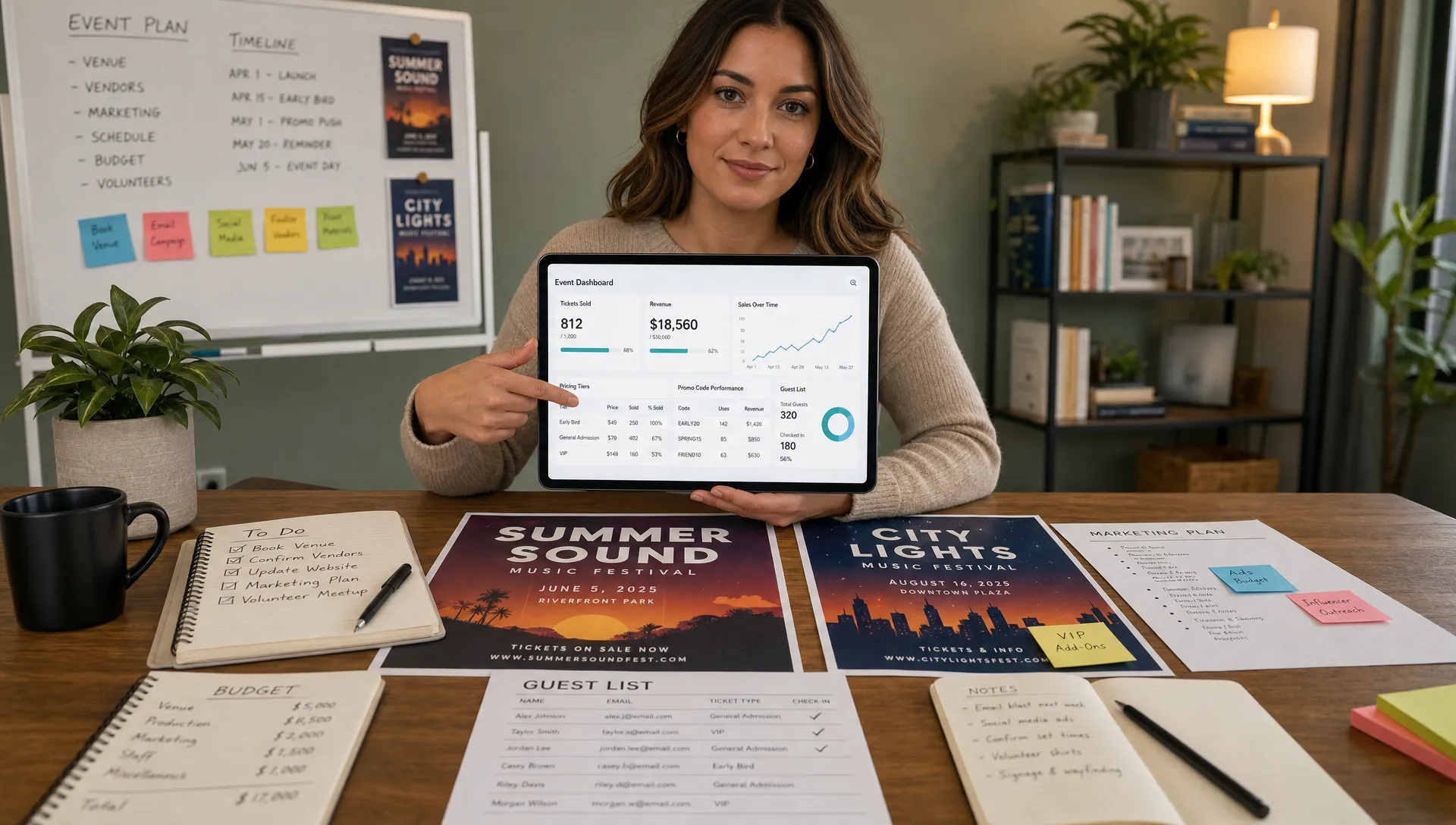 An event organizer reviews ticket sales, pricing tiers, promo code performance, and guest list details on a tablet facing the camera while event posters and planning notes are spread across a table in a quiet indoor workspace.