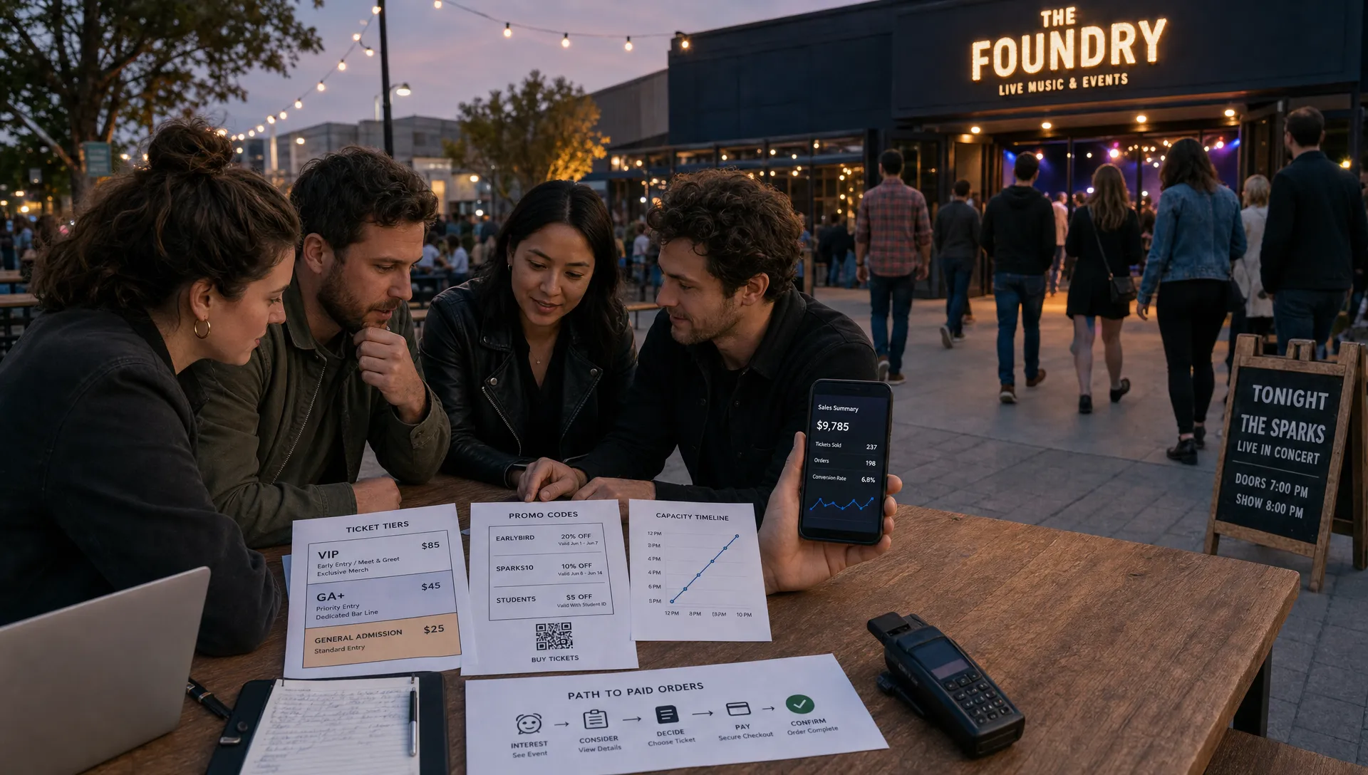 A wide outdoor evening scene at a venue-side planning table, with an organizer and a small team reviewing printed ticket tiers, a promo code sheet, a capacity timeline, and a phone showing a sales summary facing the camera, while the event entrance and arriving attendees are visible in the background, conveying the path from interest to paid orders and real-time sales control.