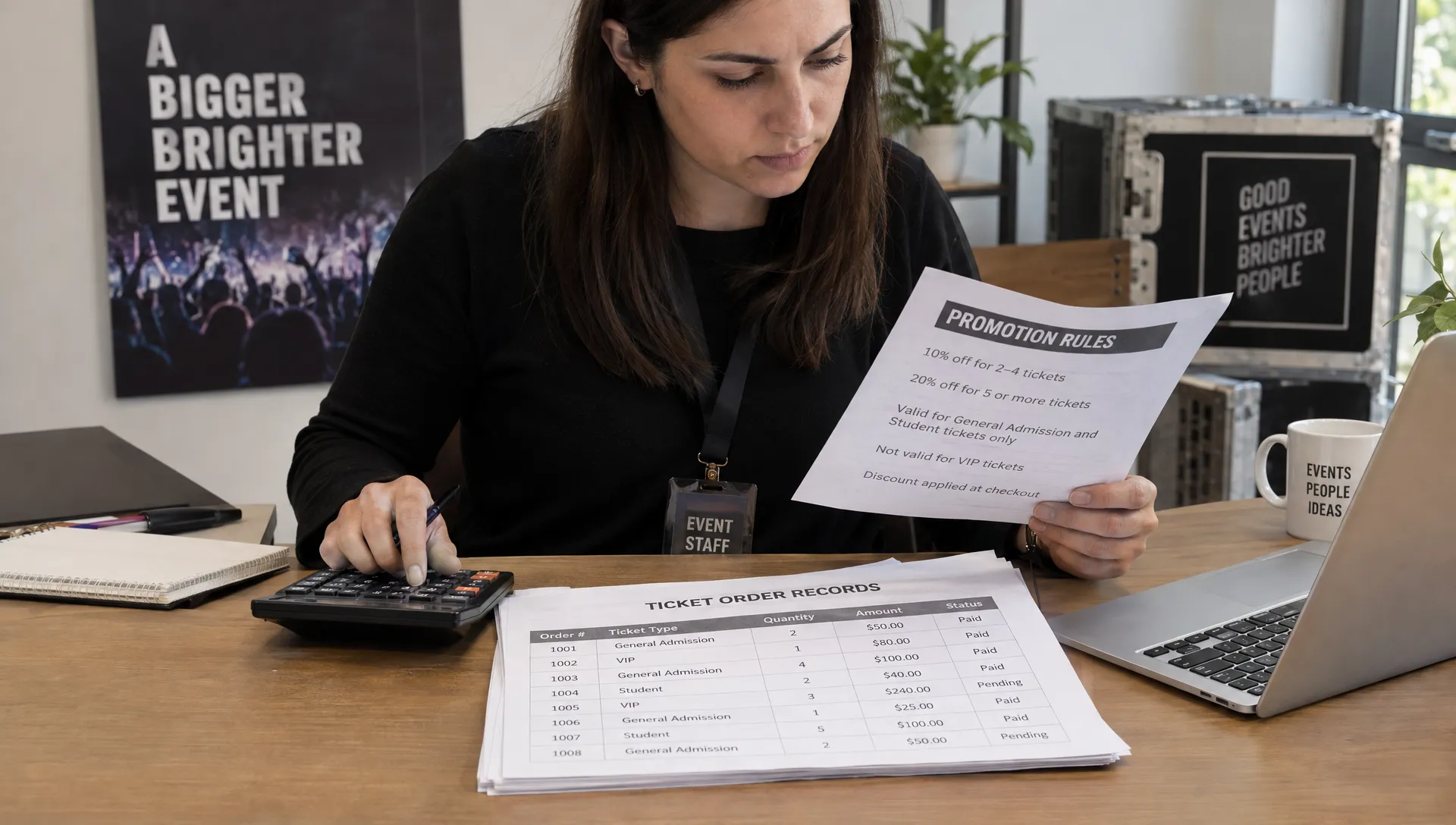 An event organizer compares printed ticket order records with a promotion rules sheet and calculator while checking discounted quantities and amounts.