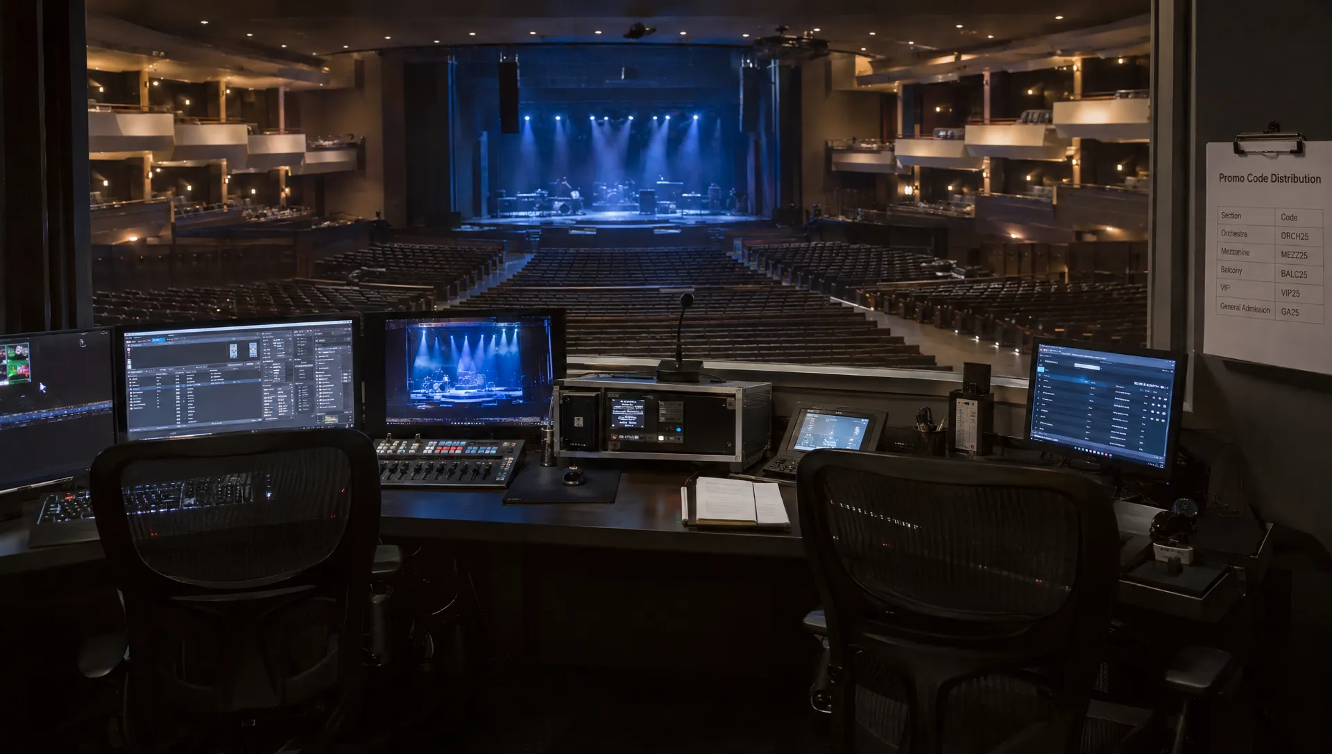 Landscape wide, eye-level view of an empty event venue’s control booth overlooking the auditorium before doors open. Several monitoring screens face inward toward the booth operators’ chairs, and a printed promo-code distribution sheet is clipped beside the window; the room and its view across the seats dominate the scene.