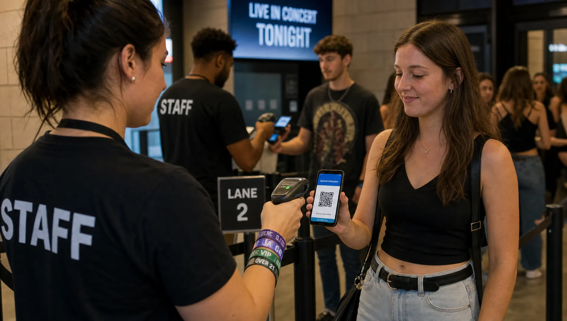 A close-up indoor scene at a concert entrance where a staff member scans a digital ticket on a phone, with a visible wristband stack, a second check-in lane in the background, and attendees waiting in an organized line.