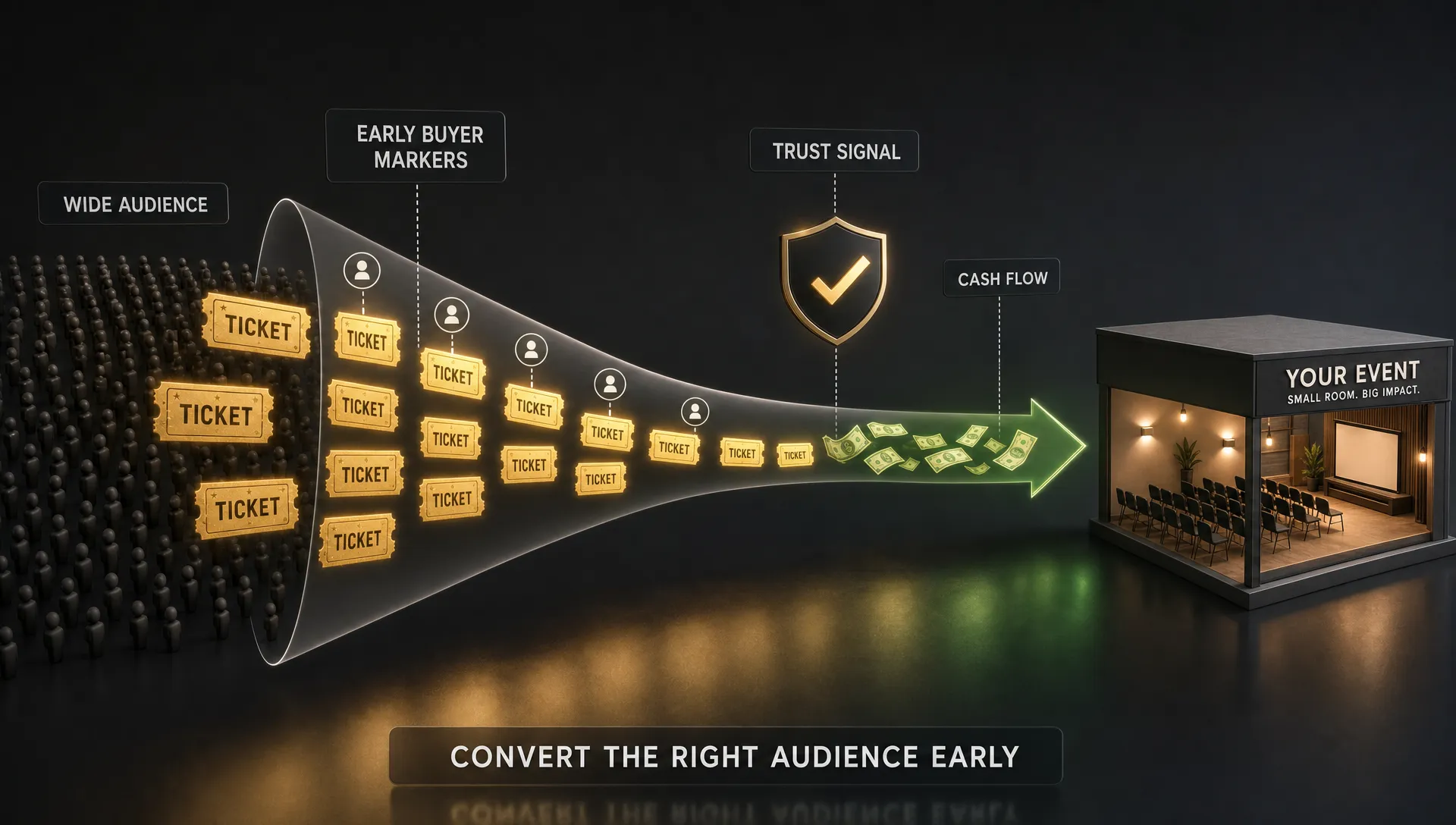 Landscape wide conceptual scene of a narrow funnel of glowing ticket cards moving toward a small room-shaped destination, with early buyer markers, a trust badge, and a cash flow arrow leading into a compact event space icon, all arranged in open space to represent converting the right audience early.