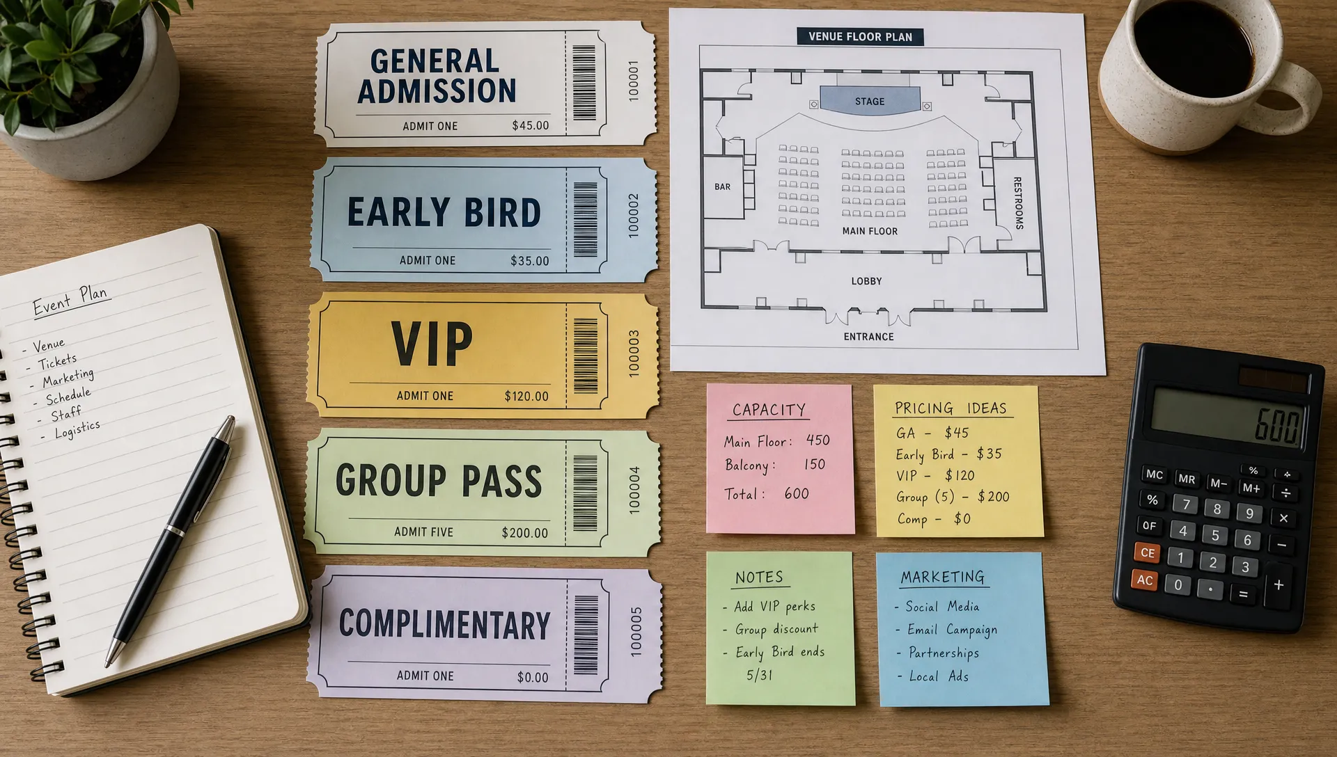 A neatly arranged event planning table with printed ticket cards labeled General Admission, Early Bird, VIP, Group Pass, and Complimentary, alongside a venue floor plan, a calculator, and sticky notes showing capacity and pricing ideas, viewed from above in a compact indoor workspace.