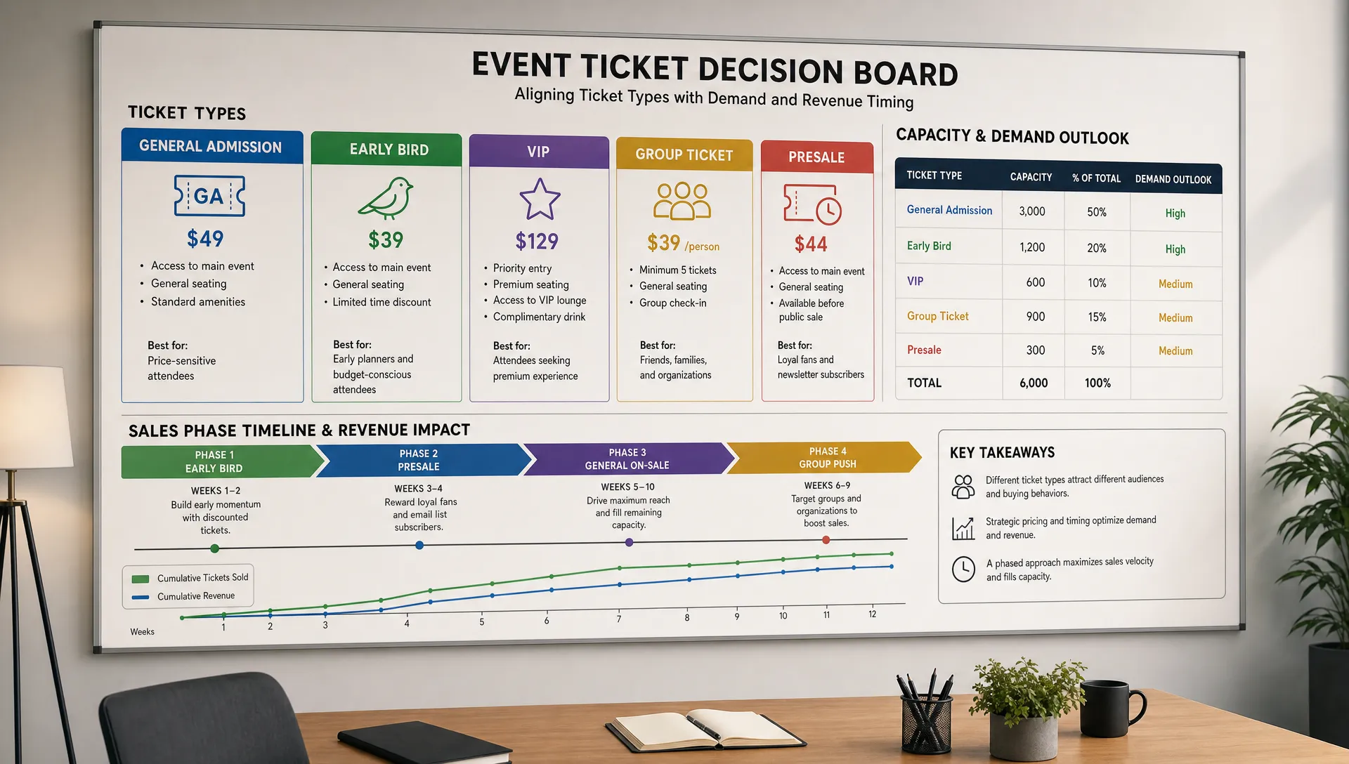 A wide conceptual scene of a clean event ticket decision board displayed on a wall in a quiet indoor planning room, with large labeled sections for General Admission, Early Bird, VIP, Group Ticket, and Presale, plus a simple capacity chart and a sales phase timeline beside it, with no people present and a clear, organized feel that highlights how ticket types shape demand and revenue timing.