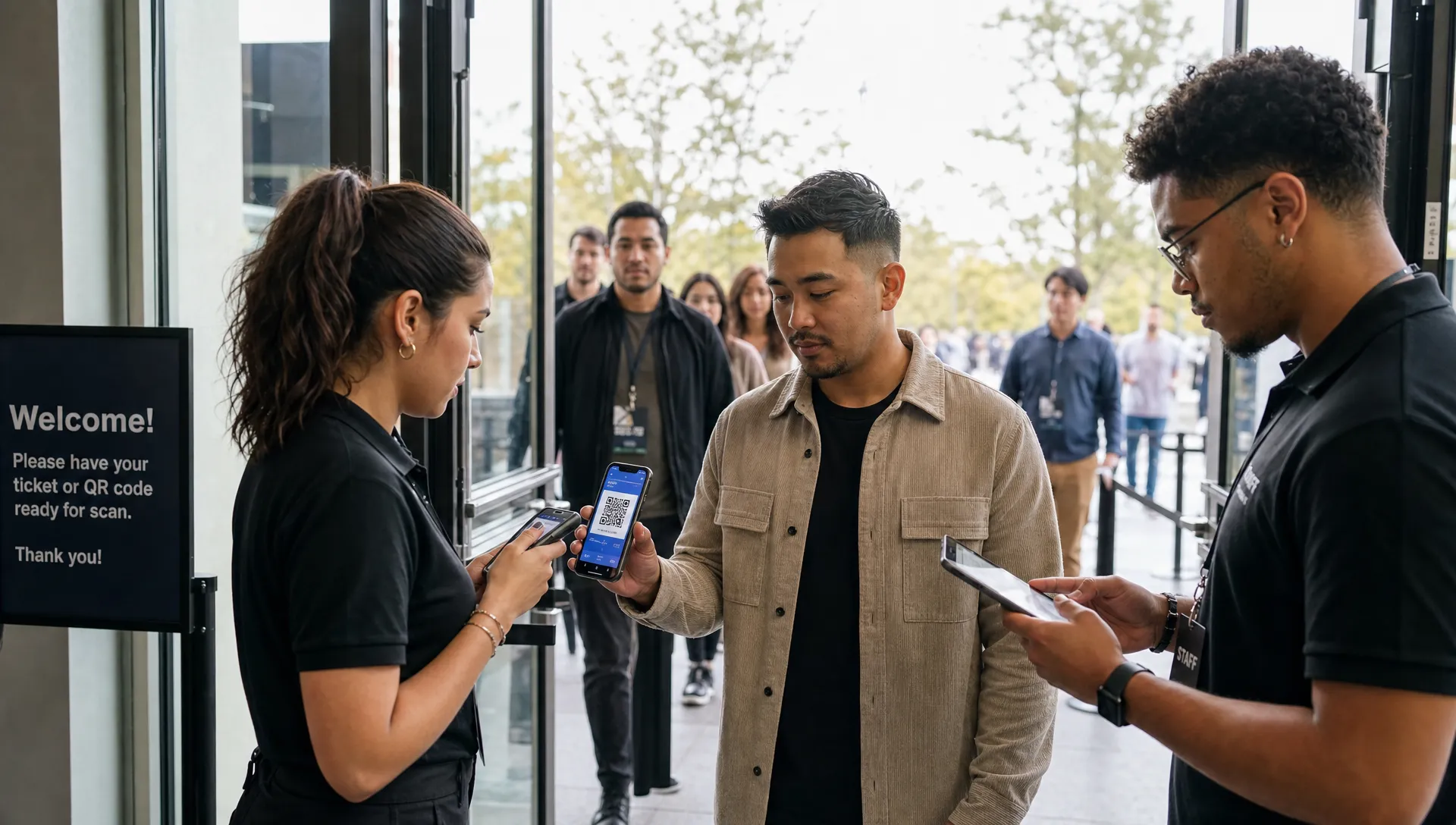 Landscape medium scene at an event door where one staff member scans a phone ticket while another checks the guest list on a handheld device, and an attendee holds a confirmation email ready; the background should include the entry lane and other arrivals, capturing a practical moment of check-in and problem-solving.