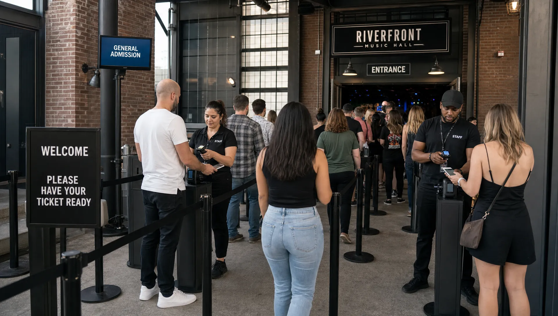 Staff scan guests at a marked music venue entrance while attendees move through organized check-in lanes.