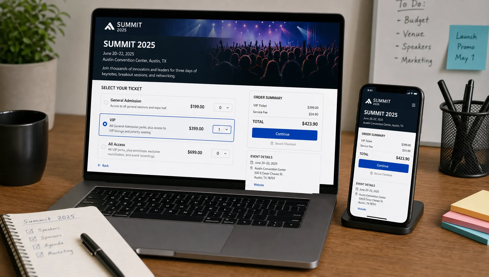 A laptop and smartphone on an event organizer's desk show a ticket purchase flow with clear tiers, total price, and event date visible.