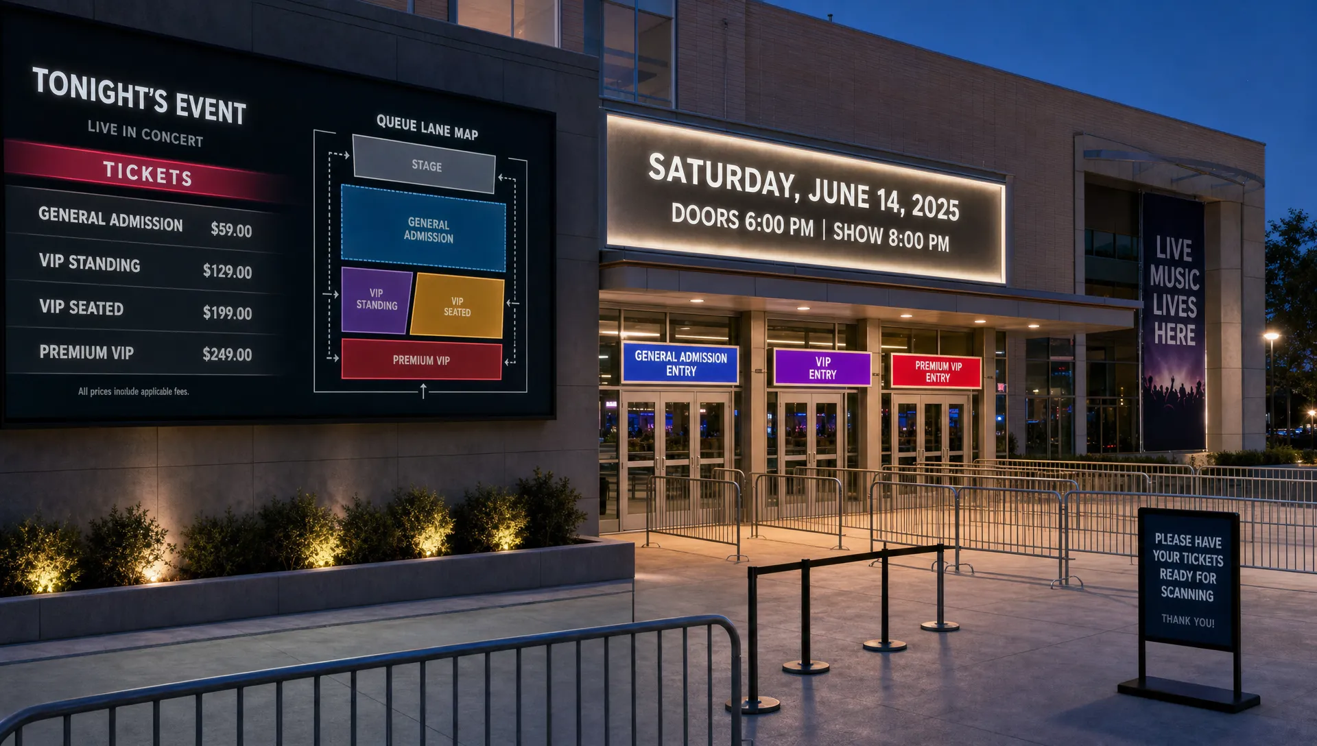 Landscape wide exterior of a modern event venue entrance at twilight, with a large ticket listing display near the doors, a clear queue lane map, an illuminated date-and-time sign, and a small set of access points for general admission and VIP. No people in the foreground, with the venue facade and entry flow doing the storytelling.