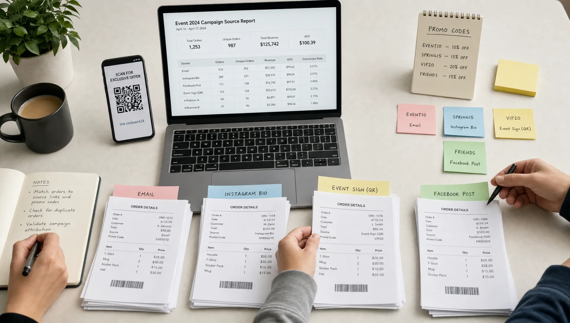 Landscape overhead scene of hands working through an event campaign review on a clean table, with a laptop showing a source report facing the camera, a phone with a QR code link, sticky notes for promo codes, a pen, and printed tier sheets being sorted into piles for different channels. Make the action feel like the team is matching orders to the links and codes that produced them.