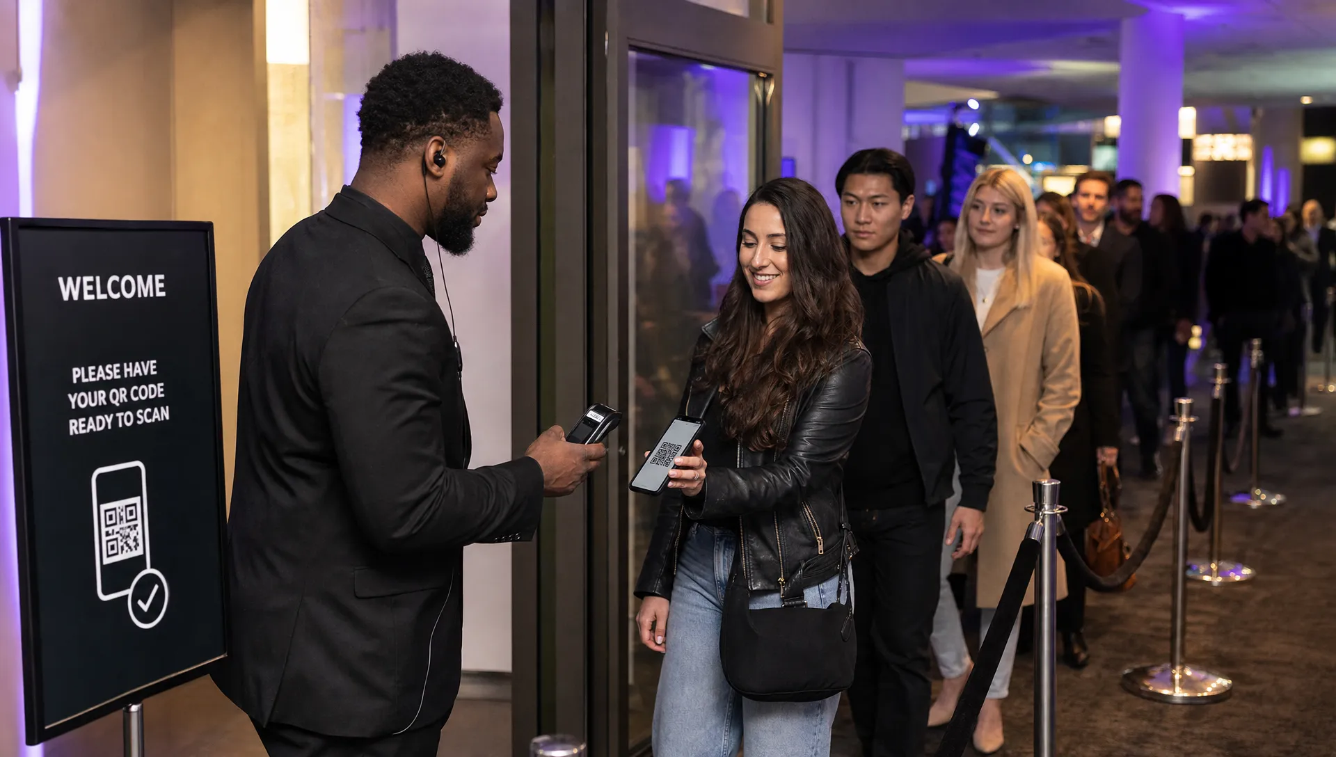 A door staff member scans a QR code on an attendee phone at a venue entrance, with a check-in lane and an organized queue behind them.
