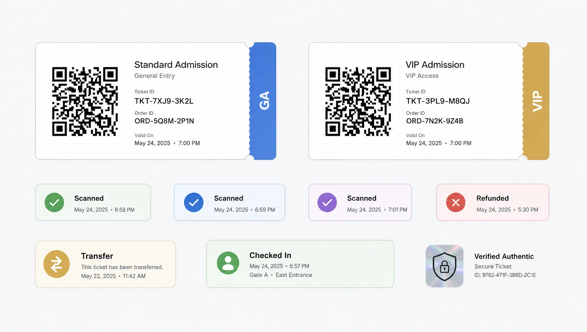Landscape abstract composition of ticket security elements arranged as a clean grid in open space: QR blocks, ticket tier tags, scan check marks, a transfer badge, a refund marker, and a check-in status line. Balanced spacing, no people, no venue scene, focused on the structure of secure digital tickets.