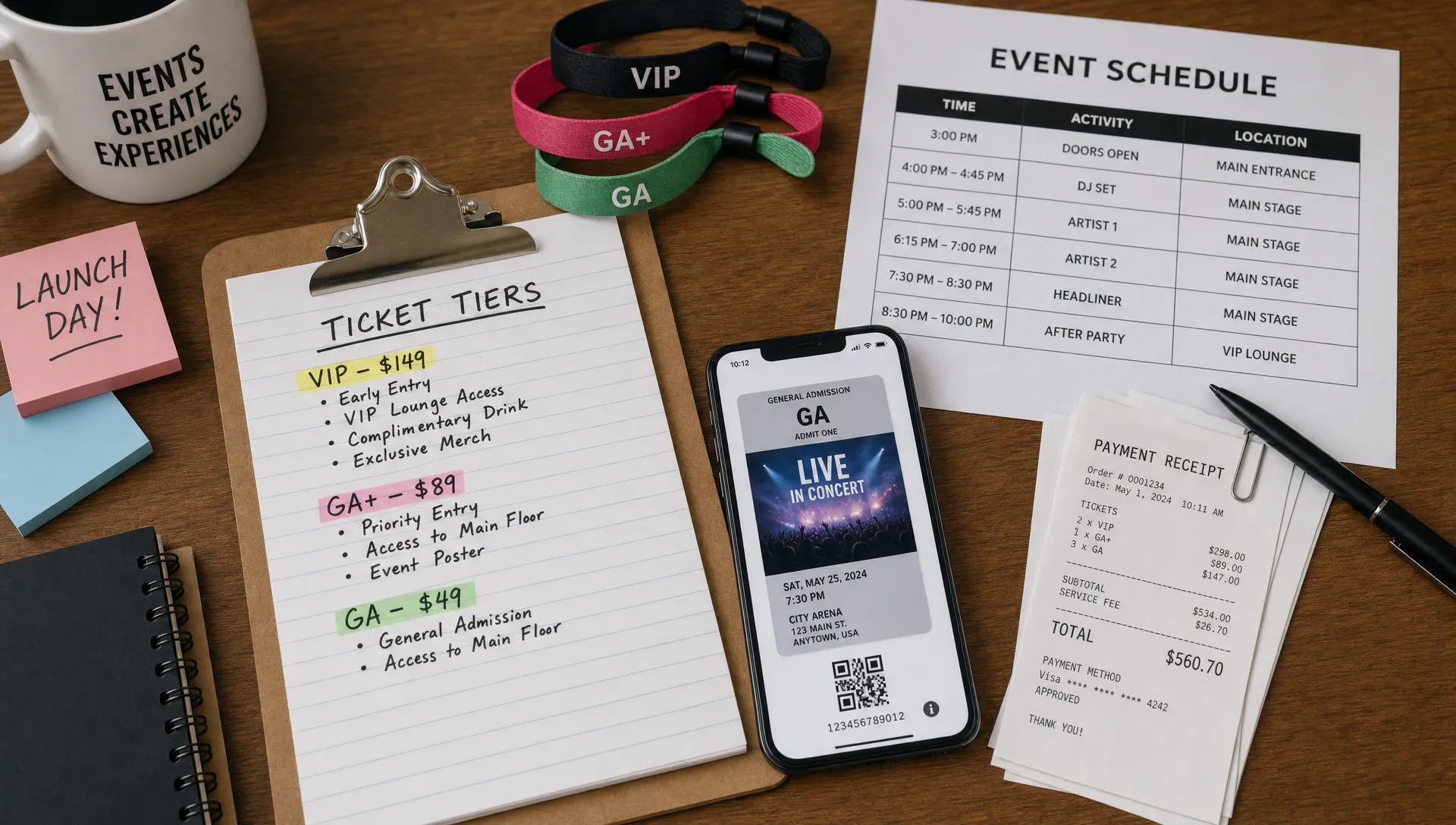 An event organizer table with ticket tier notes, a venue schedule, wristbands, a phone showing a digital ticket, and payment receipts arranged for launch.