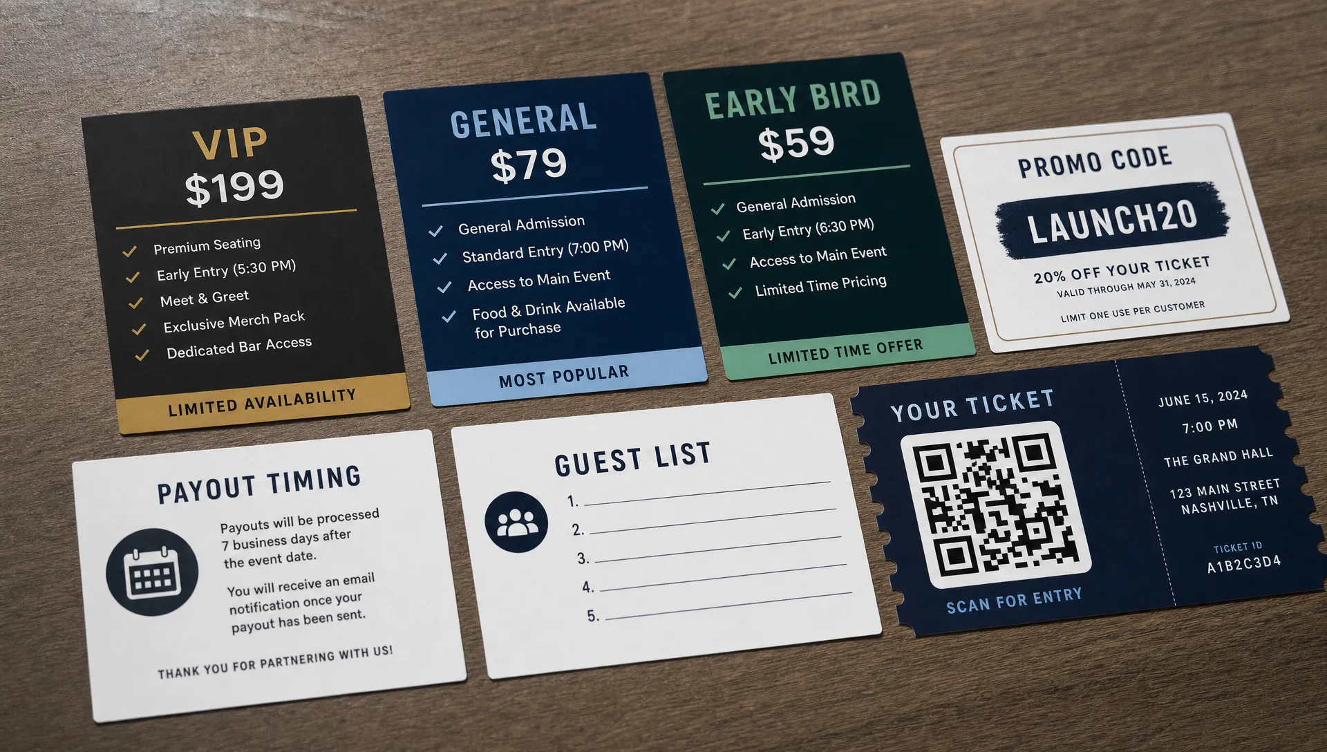 Landscape close-up of a polished ticket bundle laid out for launch: tier cards, a promo code card, a payout timing note, a guest list card, and a QR ticket card arranged neatly on a table. No people present. Focus tightly on the practical pieces that shape a smooth sale, with the cards filling most of the frame.