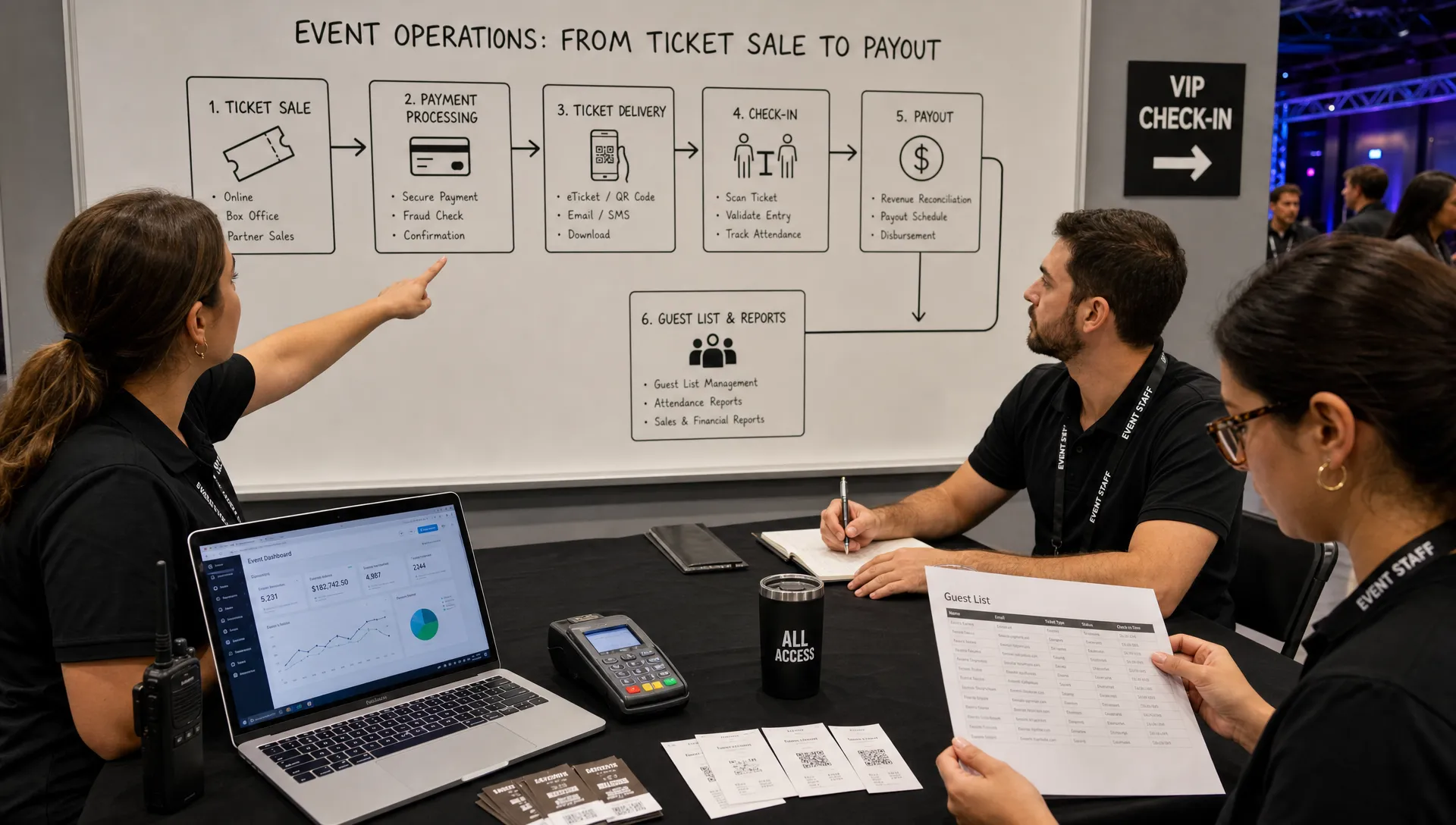 A wide scene of an event operations team at a table with a laptop, payment terminal, printed tickets, and a wall board showing the flow from ticket sale to payout and guest list, with one person pointing at connected steps while another reviews records