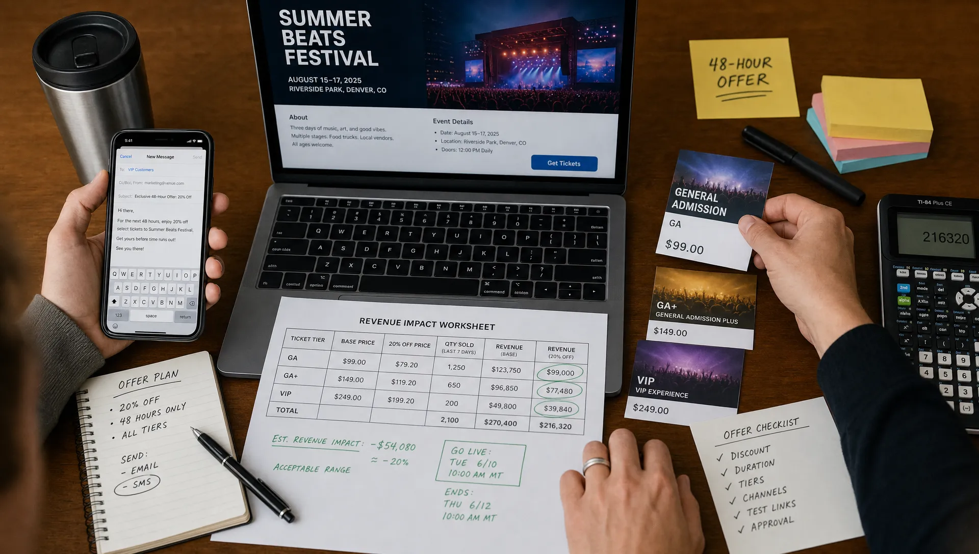 A landscape overhead close-up of hands assembling a short-lived discount offer at a worktable, with a laptop facing the camera showing an event page, a phone open to a message draft, a calculator, a marked-up revenue worksheet, and a small stack of ticket tier cards being sorted into a temporary promo pile. The frame should feel active and precise, showing how a team plans the offer before sending it out.