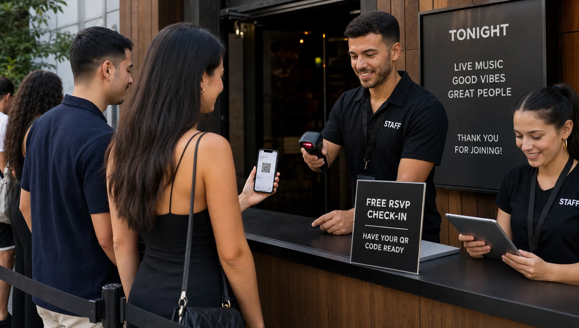 A venue entrance check-in desk with guests holding mobile tickets while staff scan QR codes and manage the free RSVP line.