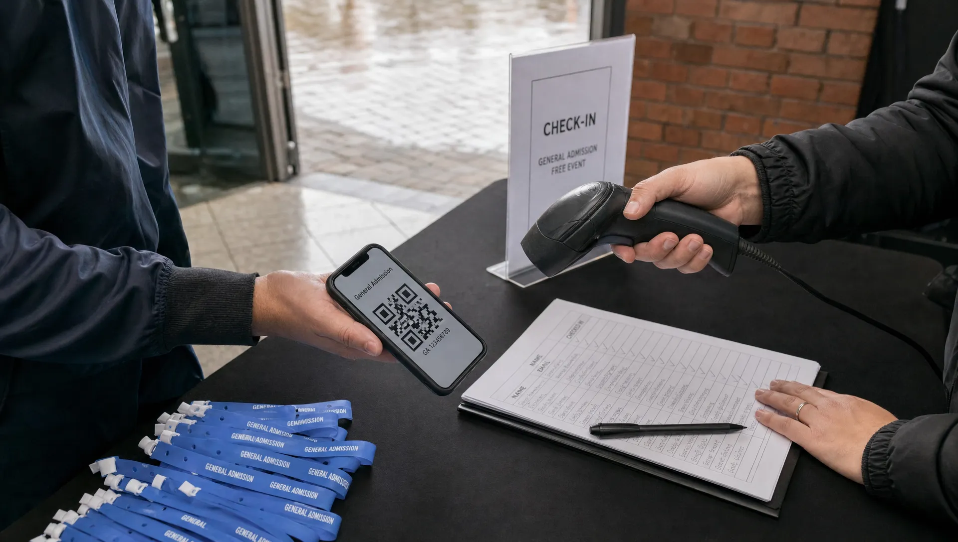 Landscape close-up of a door team’s hands managing free event admission on a check-in table, with a scanner, a phone showing a ticket, a guest list sheet, and a stack of wristbands or passes arranged across the counter. The focus is on the active check-in process in a real entrance area, with the doorway and venue floor softly visible beyond the table.