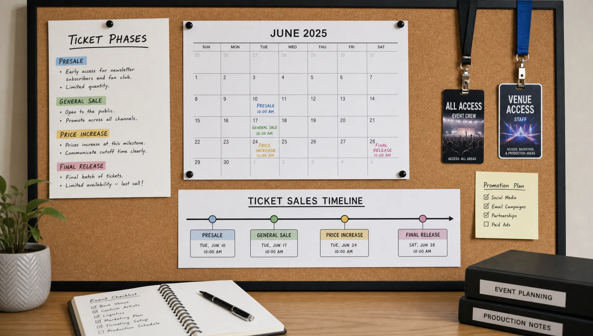 An event organizer's planning board with printed ticket phase notes, a calendar, venue access badges, and a simple sales timeline showing presale, general sale, price increase, and final release milestones.