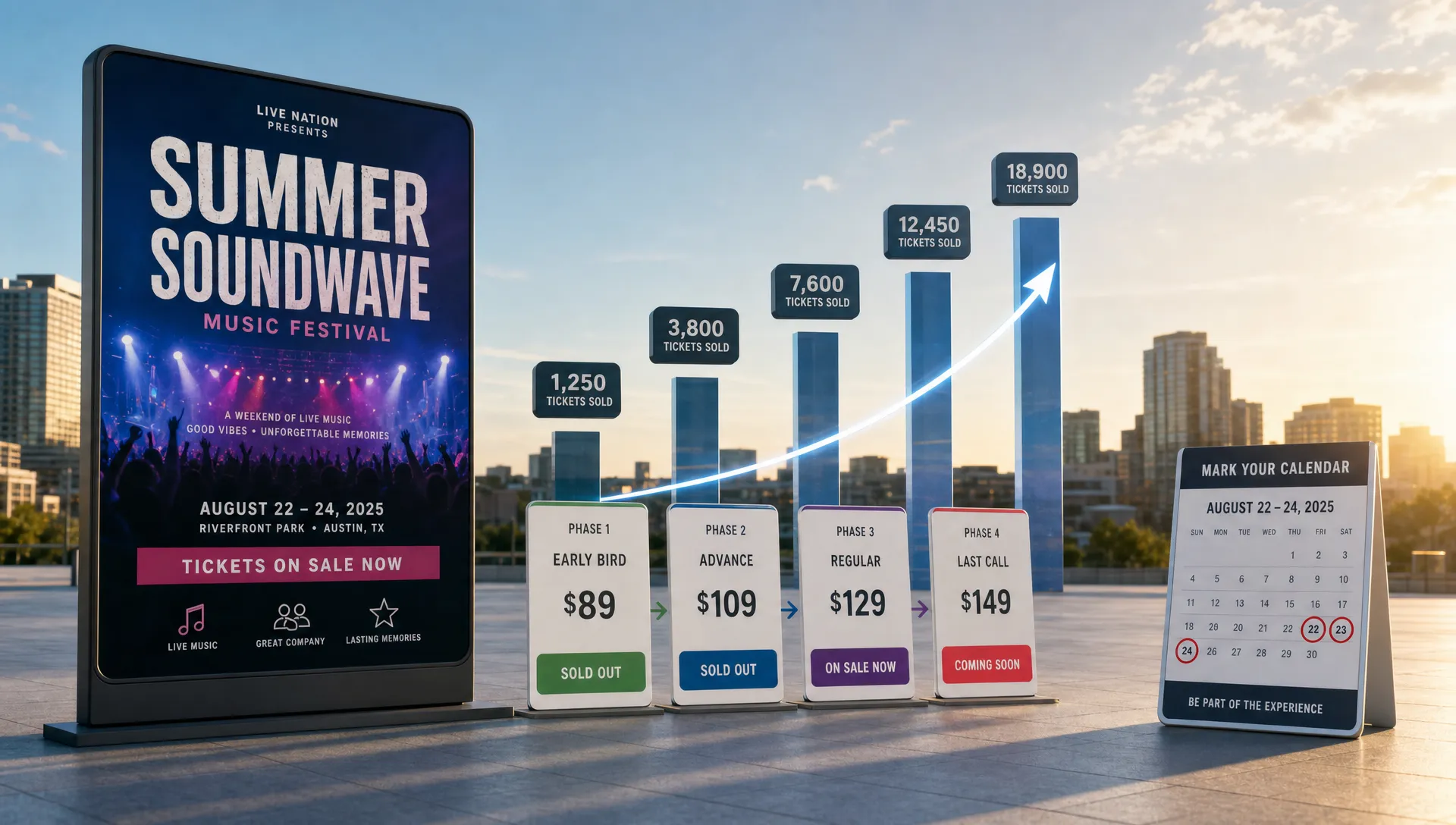 A wide conceptual scene of a public ticket sale turning into momentum, shown as a large event page-style poster in open space beside a rising set of purchase markers and a clear calendar milestone, with subtle price-phase cards moving forward in sequence and no people present. The composition should feel like demand converting into action, with the event itself implied through the ticketing moment rather than a desk, venue entrance, or checkout workflow.
