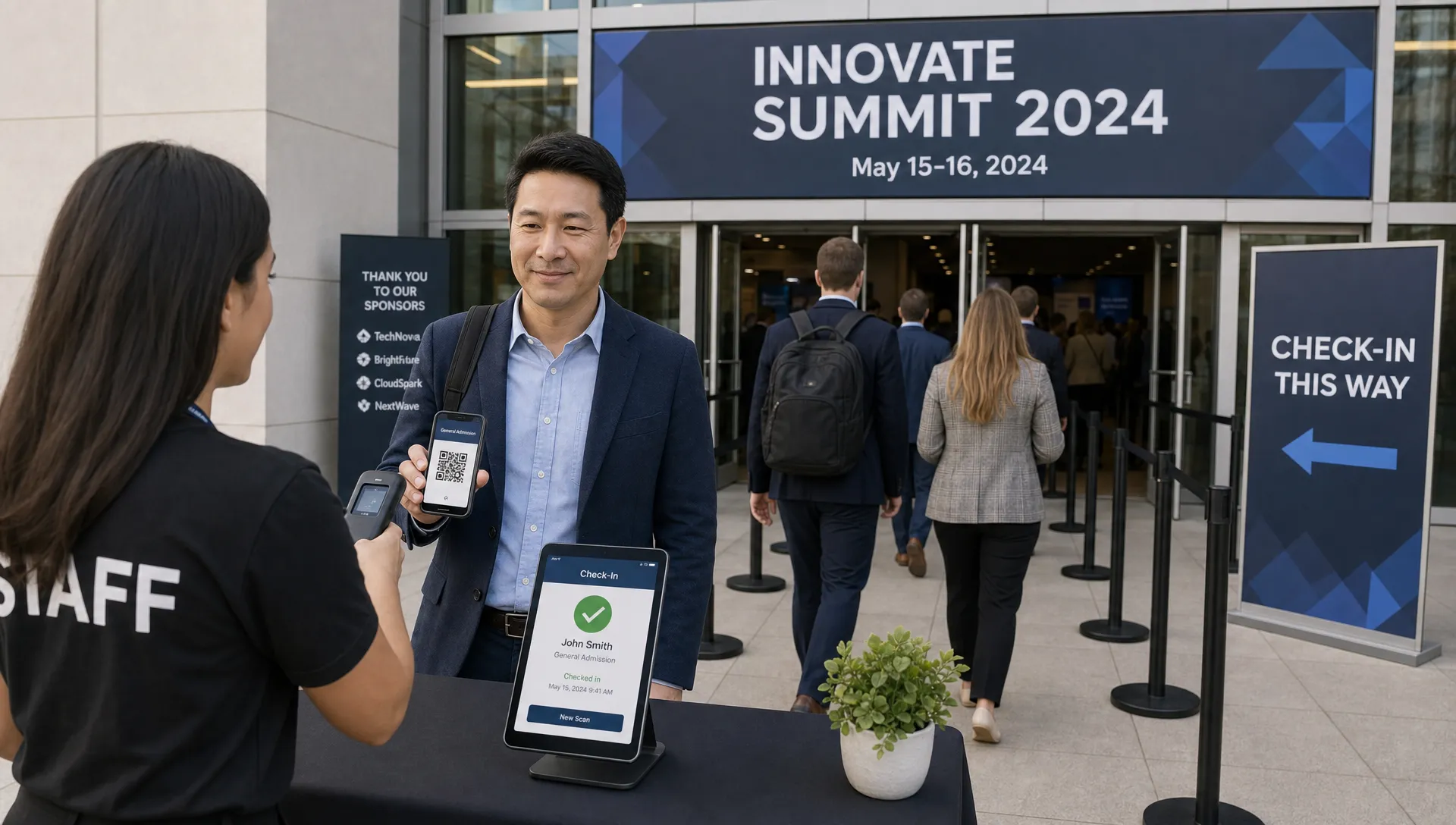 A venue entrance with orderly attendee lanes, staff facing attendees while scanning QR codes shown on attendee phones, and a tablet on a check-in table with its screen facing the staff.