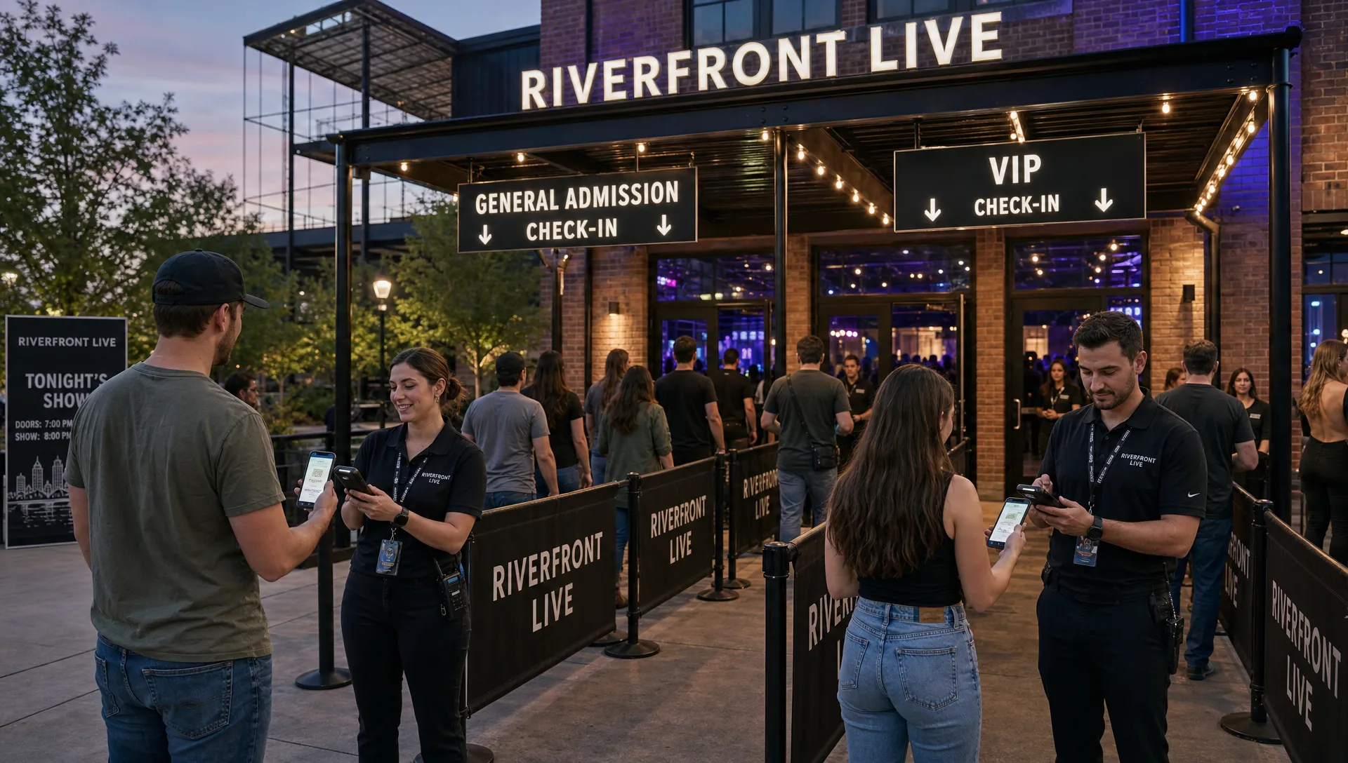 A wide outdoor evening scene at the front of a live event venue, showing a lit entrance canopy, two separate check-in lanes, attendees approaching with phones in hand, and staff validating digital tickets on handheld scanners, with the queue flowing smoothly toward the doors.