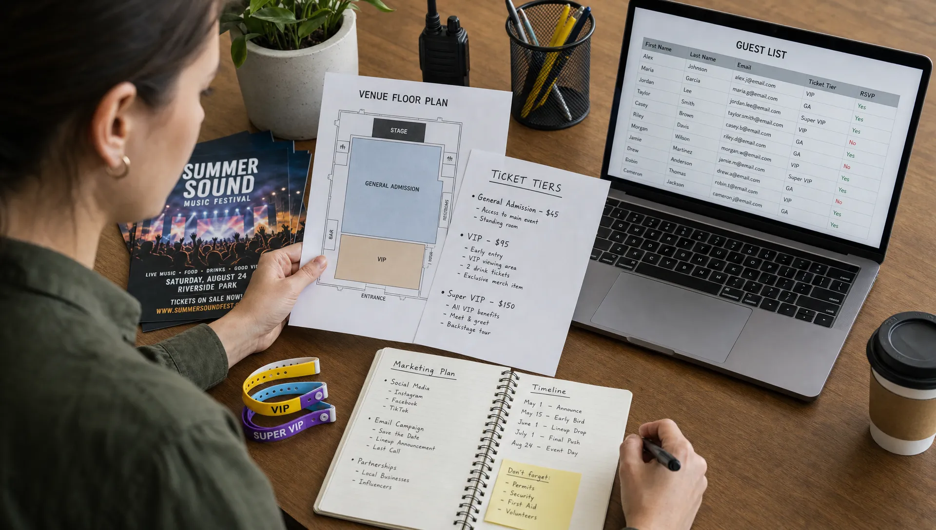An event organizer reviews venue floor plans, ticket tier notes and a guest list on a table with flyers and wristbands nearby, showing cross-channel ticket planning.