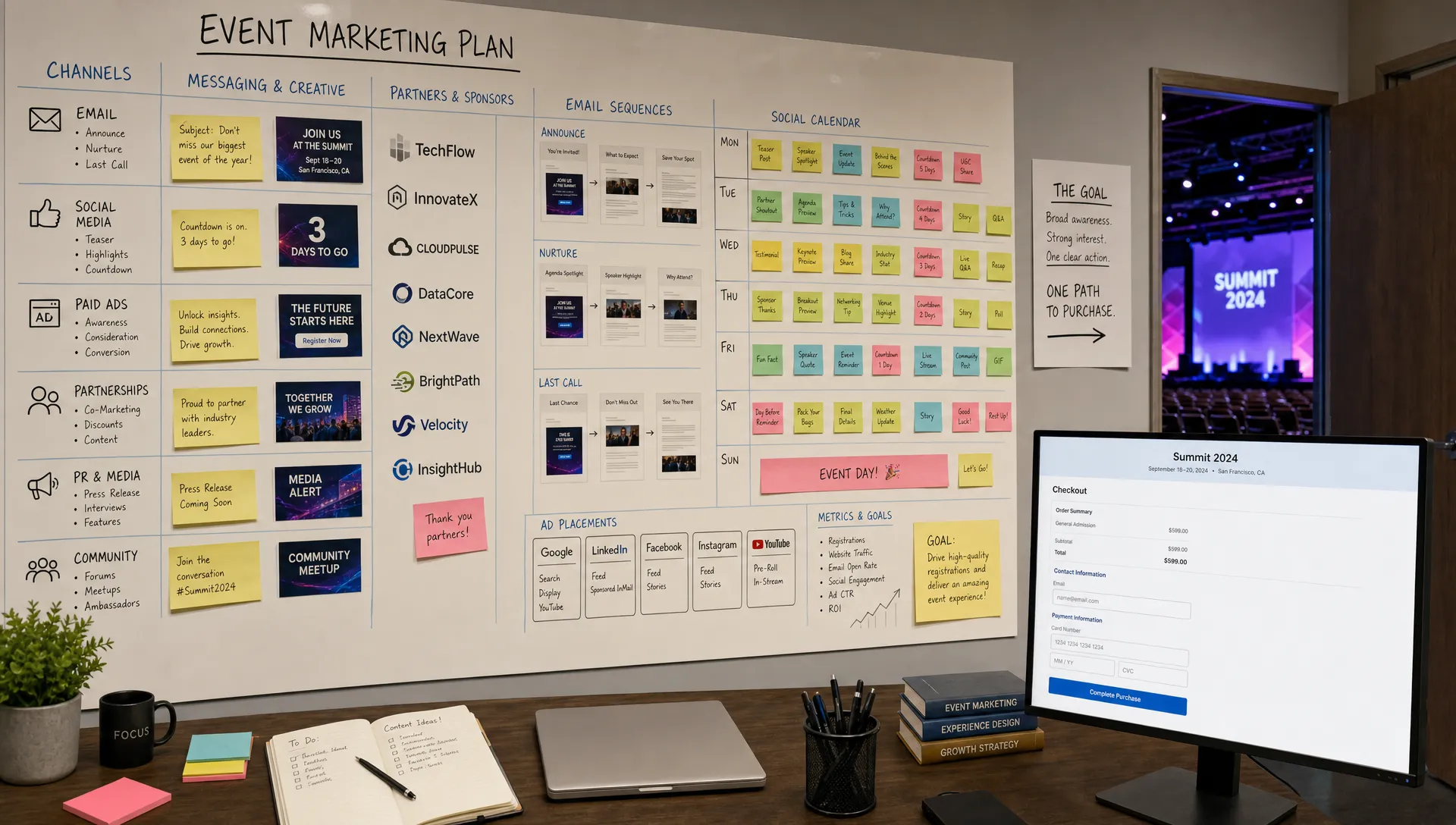 Landscape wide interior of a busy event marketing workspace with one large wall covered in channel-specific promotion notes, partner logos, email drafts, social post schedules, and ad placements, while a single clean checkout screen faces the camera on a side monitor and a doorway opens toward the venue floor in the background. No people present. The scene should show broad promotion feeding one controlled purchase path.