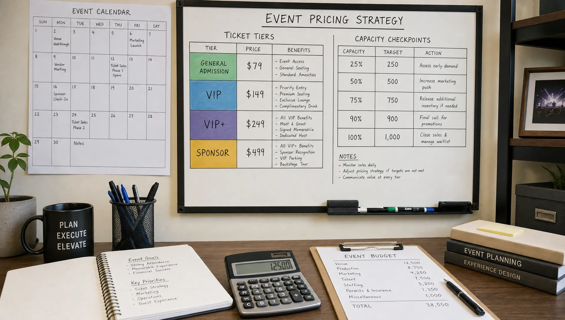 A landscape scene of a small event pricing strategy concept board in a venue office, with a wall chart showing ticket tiers and capacity checkpoints beside a calendar, a calculator, and a clipboard of budget notes, viewed from eye level with no people present