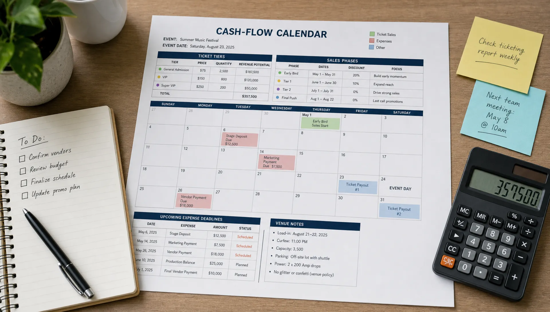 A cash-flow calendar shows ticket tiers, sales phases, and upcoming expense deadlines beside venue notes and a calculator on a desk.