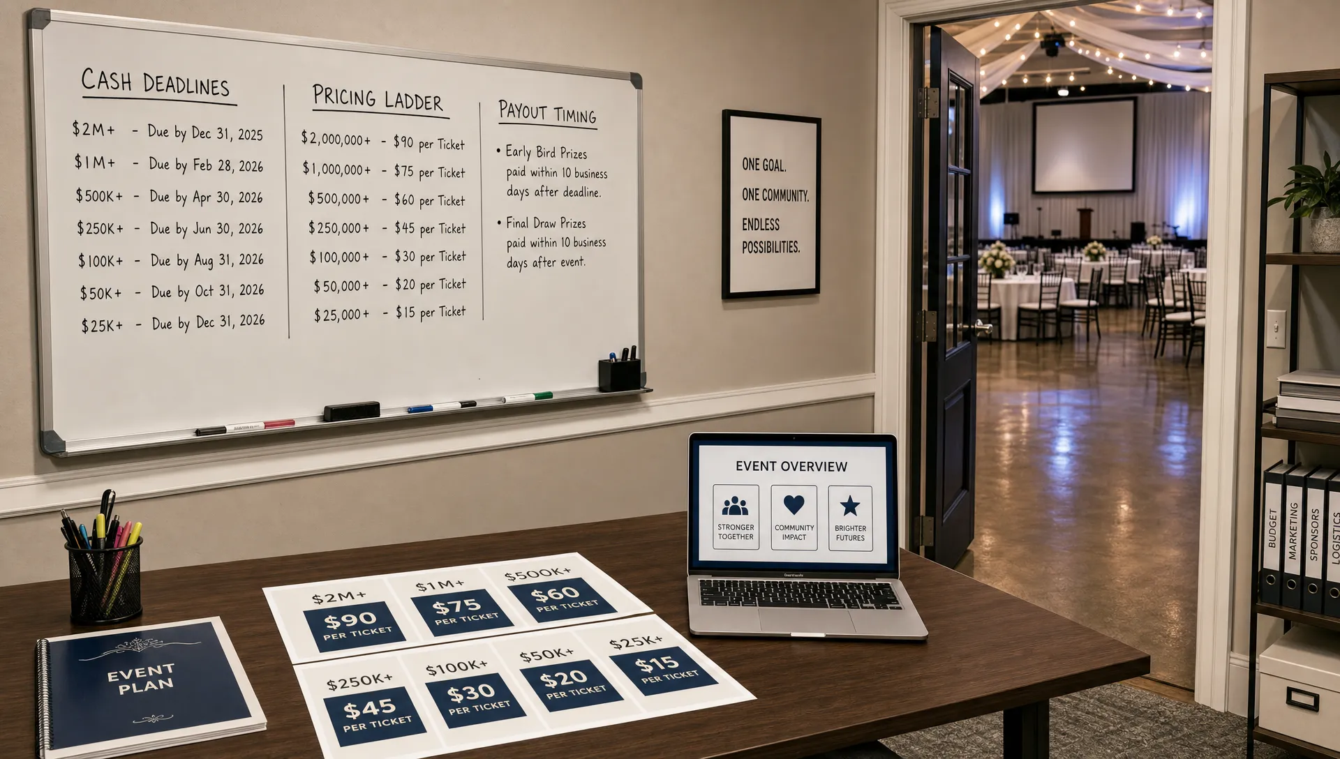 Landscape wide interior of a venue planning room with a wall board listing cash deadlines, a pricing ladder, and payout timing notes, plus a table with printed tier sheets and a laptop facing the camera. The event hall is visible through an open doorway in the background, and no people are present.