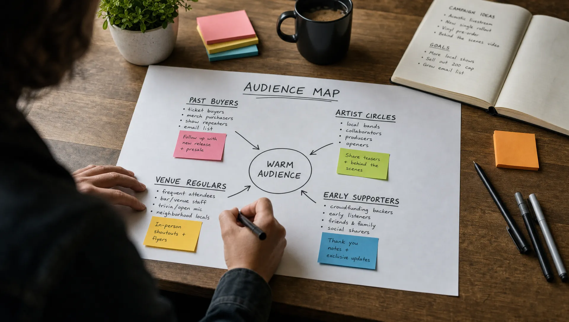 An organizer maps warm audience groups on a table, with notes for past buyers, artist circles, venue regulars, and early supporters.