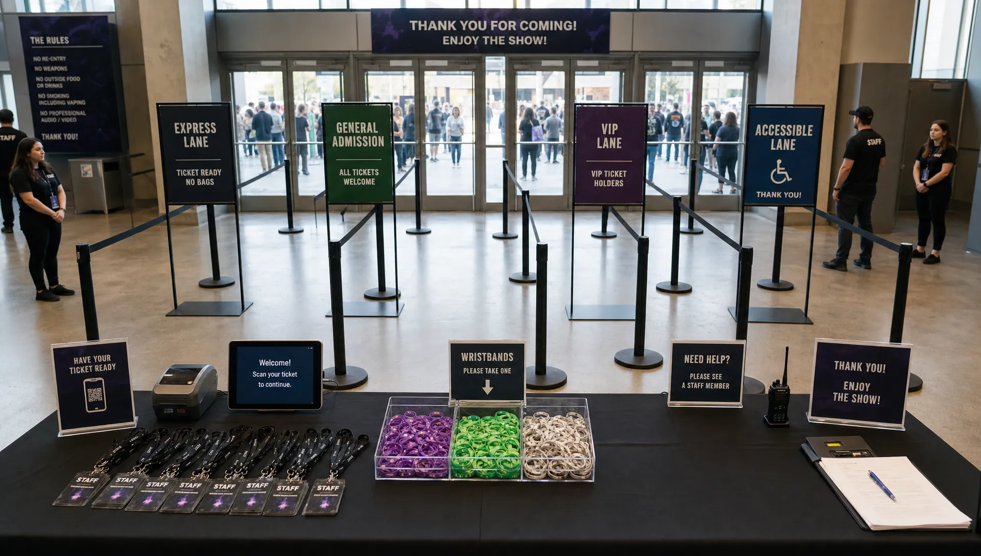 A venue entry setup with labeled lanes, staff badges, wristbands, and an organized check-in station prepared for a busy live event, shown from a slightly elevated angle with the entrance in the background.
