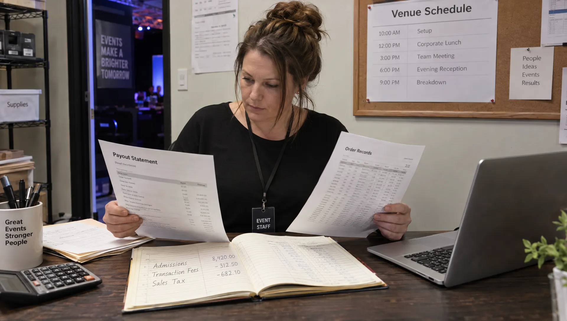 An event organizer compares order records and a payout statement while separating ticket revenue, processing fees, and sales tax in the ledger.