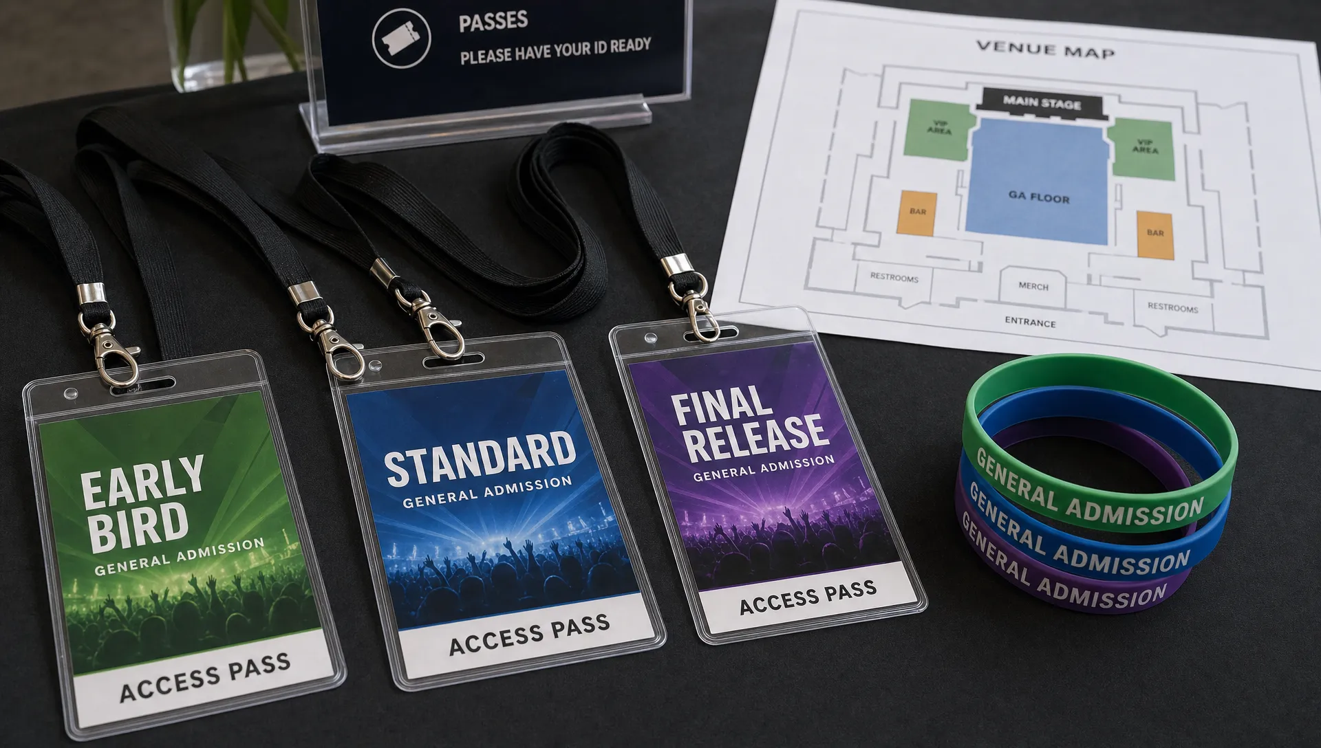 Color-coded event passes arranged on a table beside a venue floor plan, with labels for early bird, standard, and final release tiers and a small stack of wristbands ready for guests.