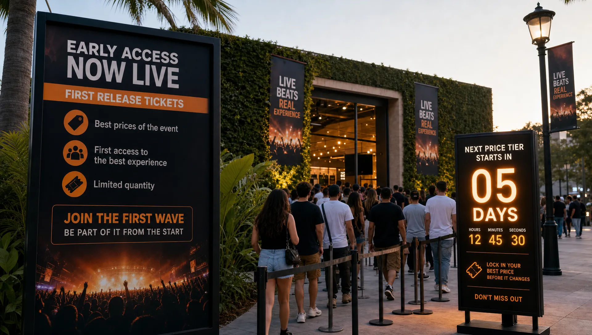 A wide outdoor scene of an event launch moment at a venue entrance, with a large signboard showing an early release ticket phase, a visible crowd-ready entrance lane, and a glowing countdown-style date marker beside the facade, suggesting a first wave of buyers joining before the next pricing tier starts. No office desk, no checkout screen, and no people at a table; the focus is on public momentum, timing, and the event’s first sales phase.