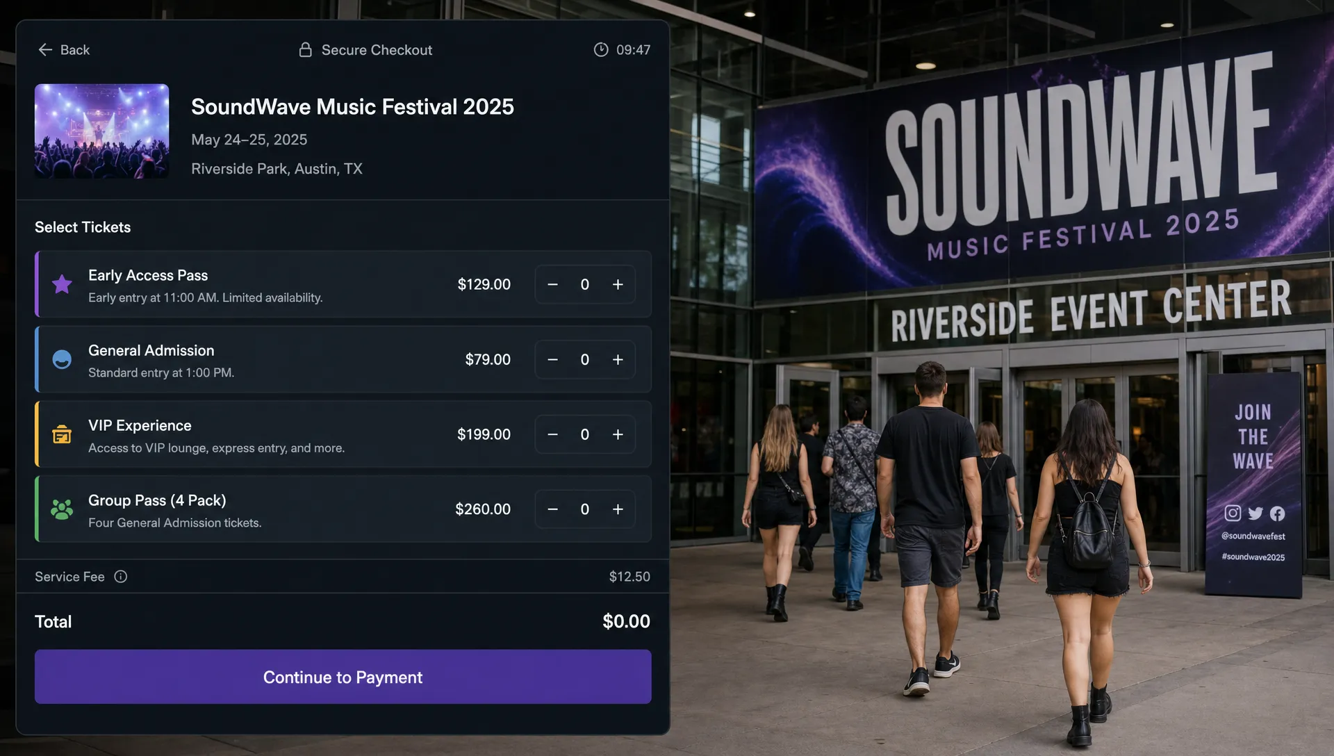 An event ticketing checkout screen showing clear ticket categories such as early access, general admission, VIP, and group pass, with the venue entrance visible in the background and a few attendees approaching the doors.
