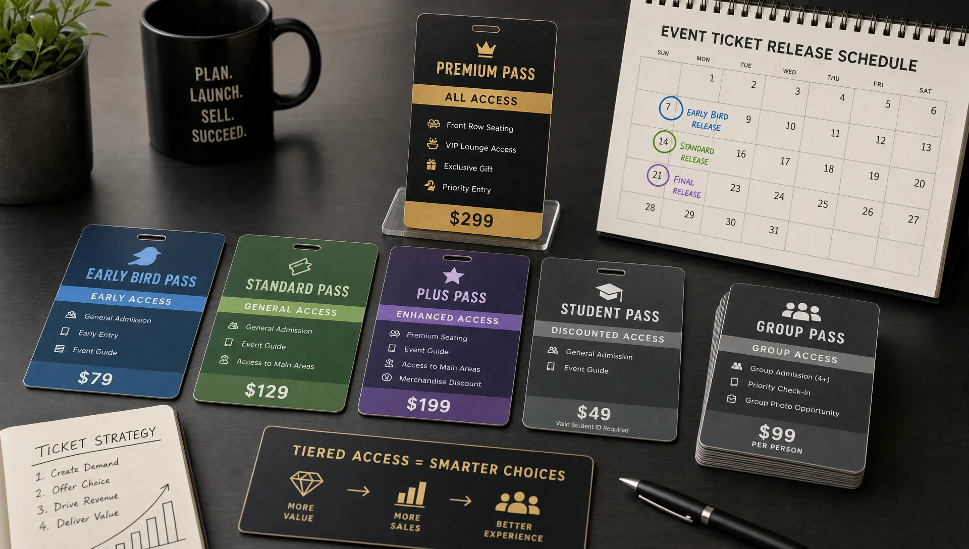 A wide conceptual scene of a neatly arranged set of tiered event passes and access cards on a dark tabletop, with one premium pass slightly elevated above the others, a small stack of group passes beside it, and a calendar page with dates marked for early, standard, and final release, all in a clean indoor workspace with no people present, showing how ticket categories guide buyer choice and revenue timing.