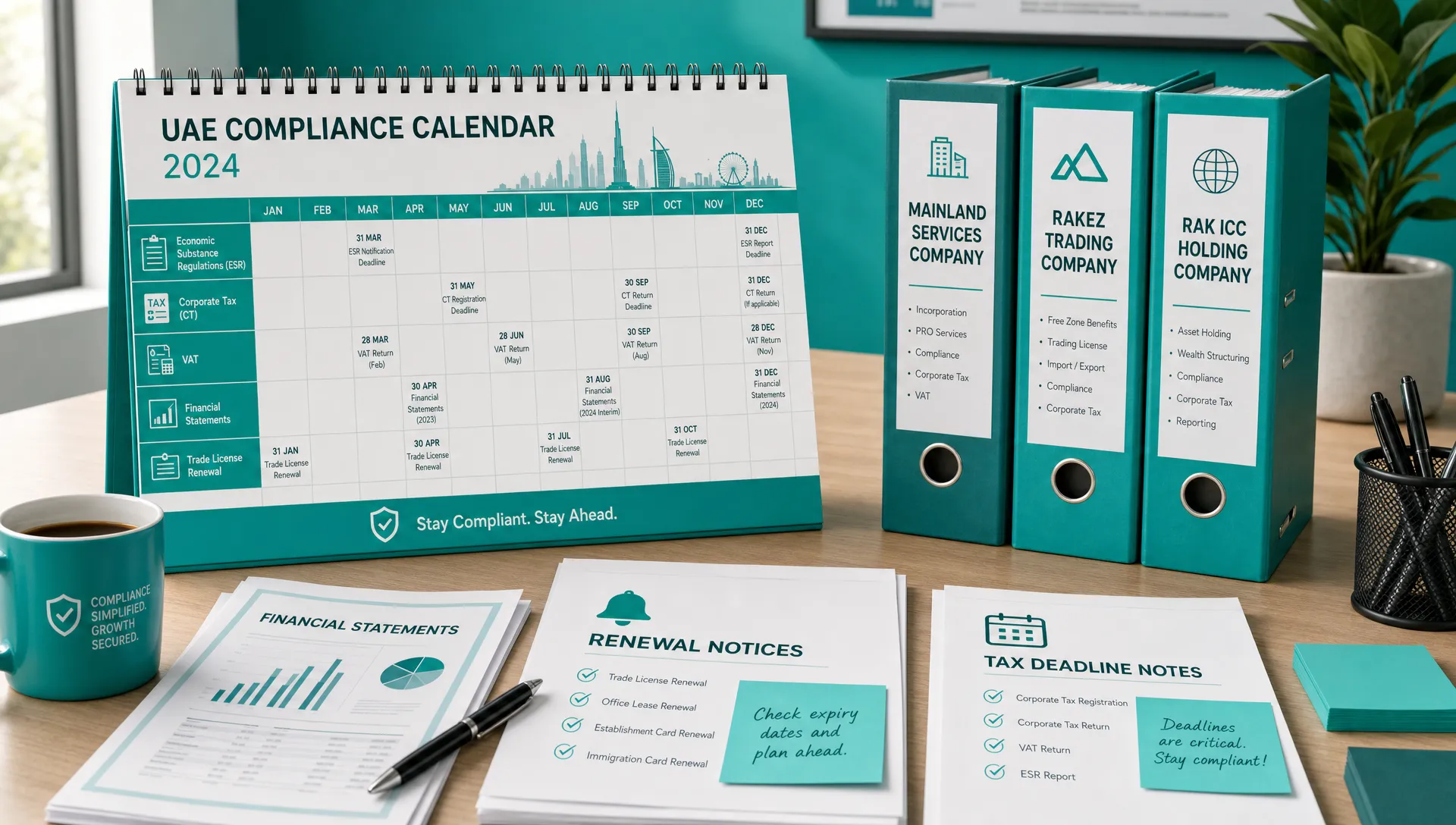A UAE compliance calendar on a desk beside separate folders for a mainland services company, a RAKEZ trading company and a RAK ICC holding company, with financial statements, renewal notices and tax deadline notes.