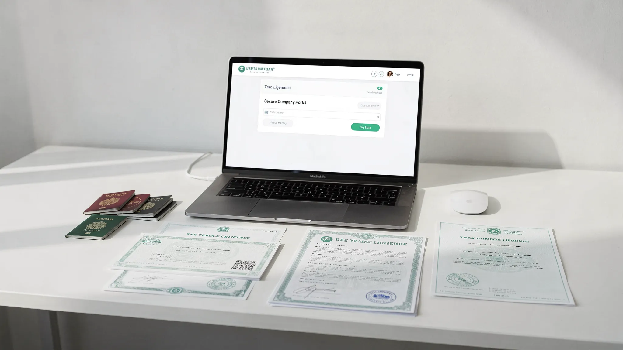 A neat desk with UAE trade license documents, an incorporation certificate, a tax certificate, passports, and a laptop displaying a secure company portal with the screen facing the viewer and no content behind the laptop screen.