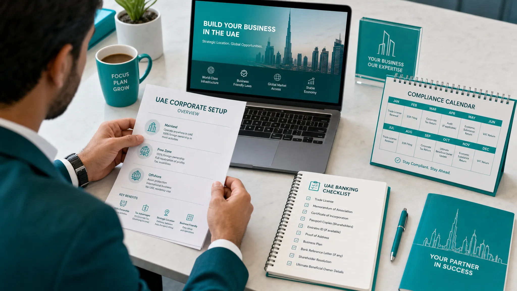 A founder reviewing UAE corporate setup documents, license options, banking checklist, and compliance calendar arranged on a desk.