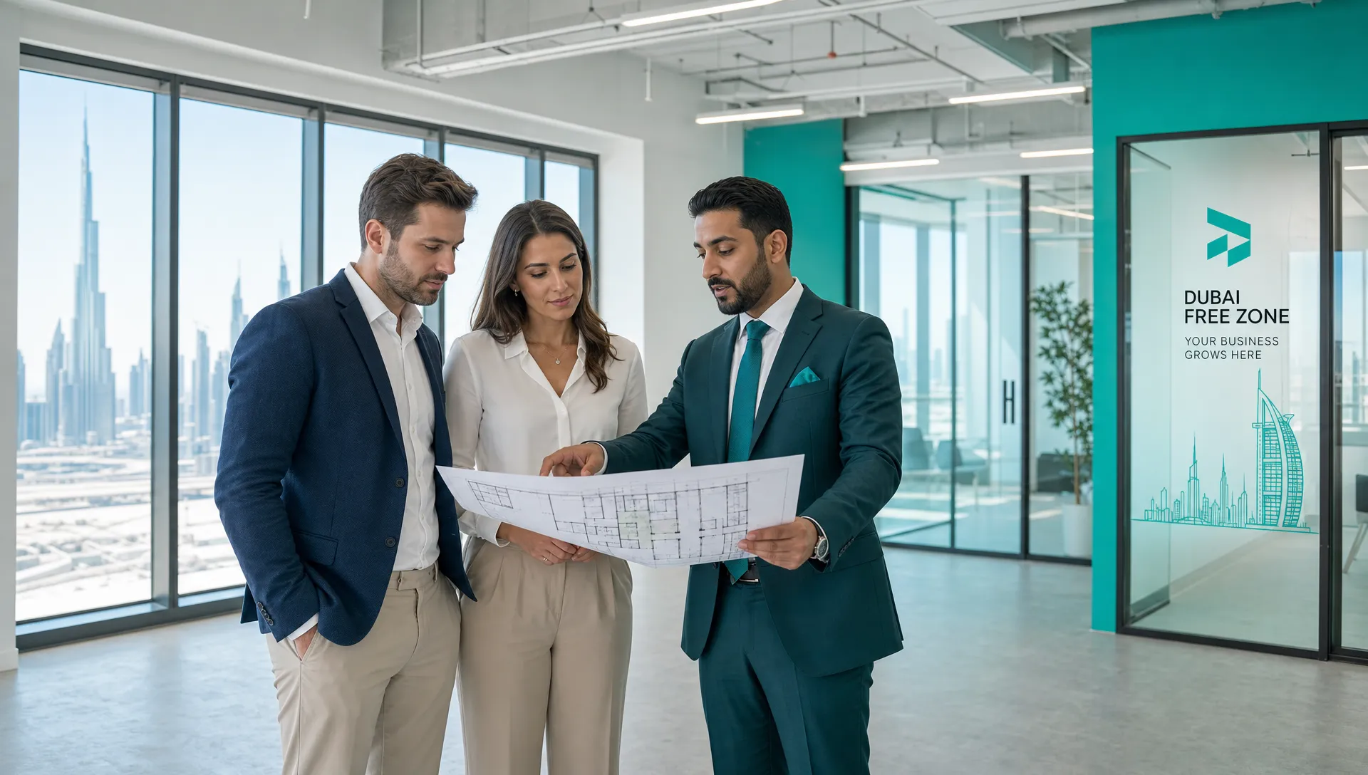 Two founders and a property adviser inspect an empty office in a Dubai free zone, reviewing a printed floor plan beside meeting rooms and windows.