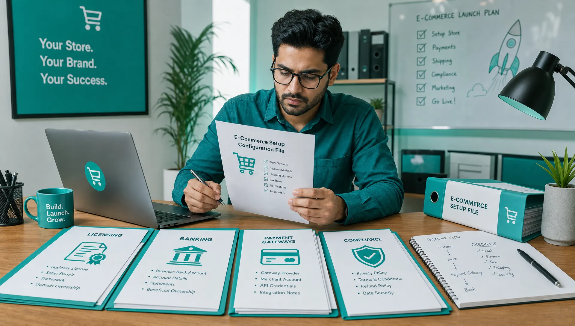 A founder reviewing an e-commerce setup file with licensing papers, banking documents, payment gateway notes, and compliance records on a desk.