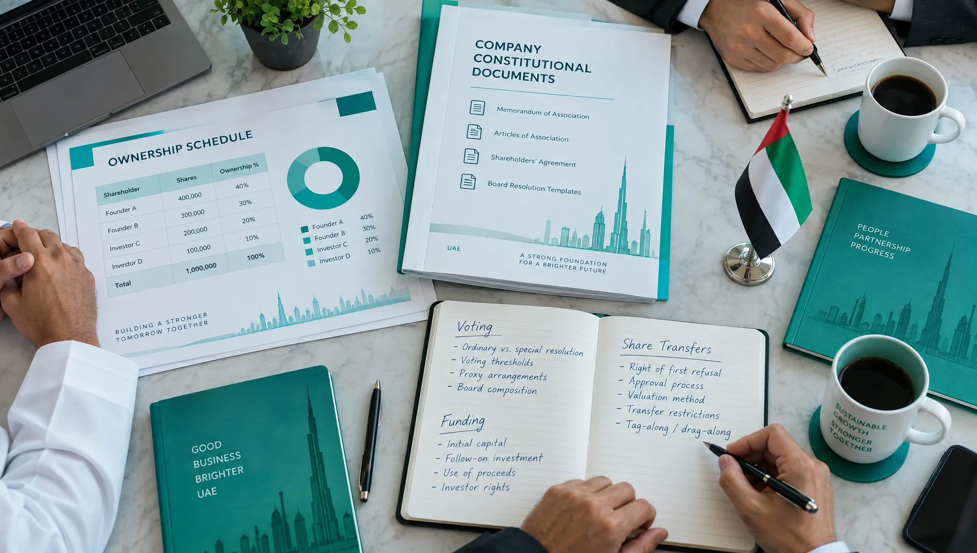 An overhead view of an ownership schedule, company constitutional documents and handwritten notes on voting, funding and share transfers spread across a UAE company meeting table.