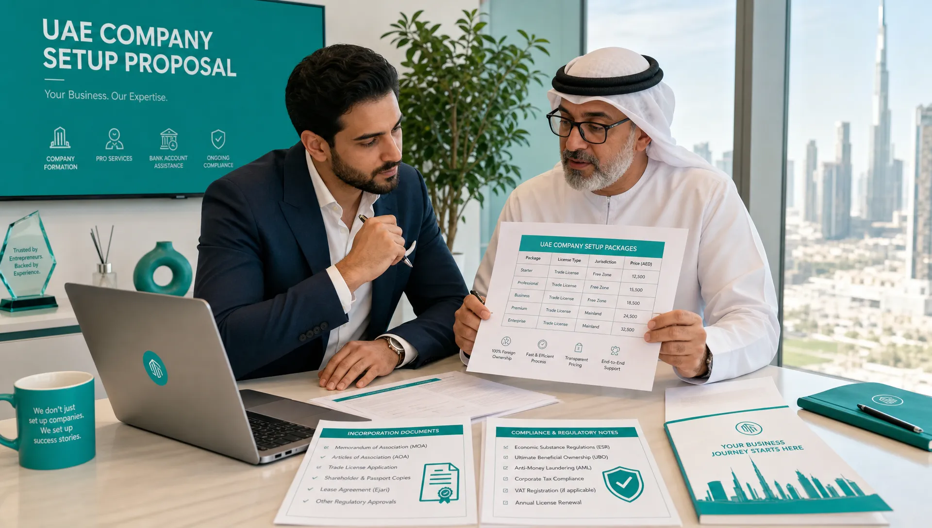 A founder and senior corporate advisor reviewing a UAE company setup proposal, with printed pricing tables, incorporation documents, and compliance notes spread across a meeting table in an office.